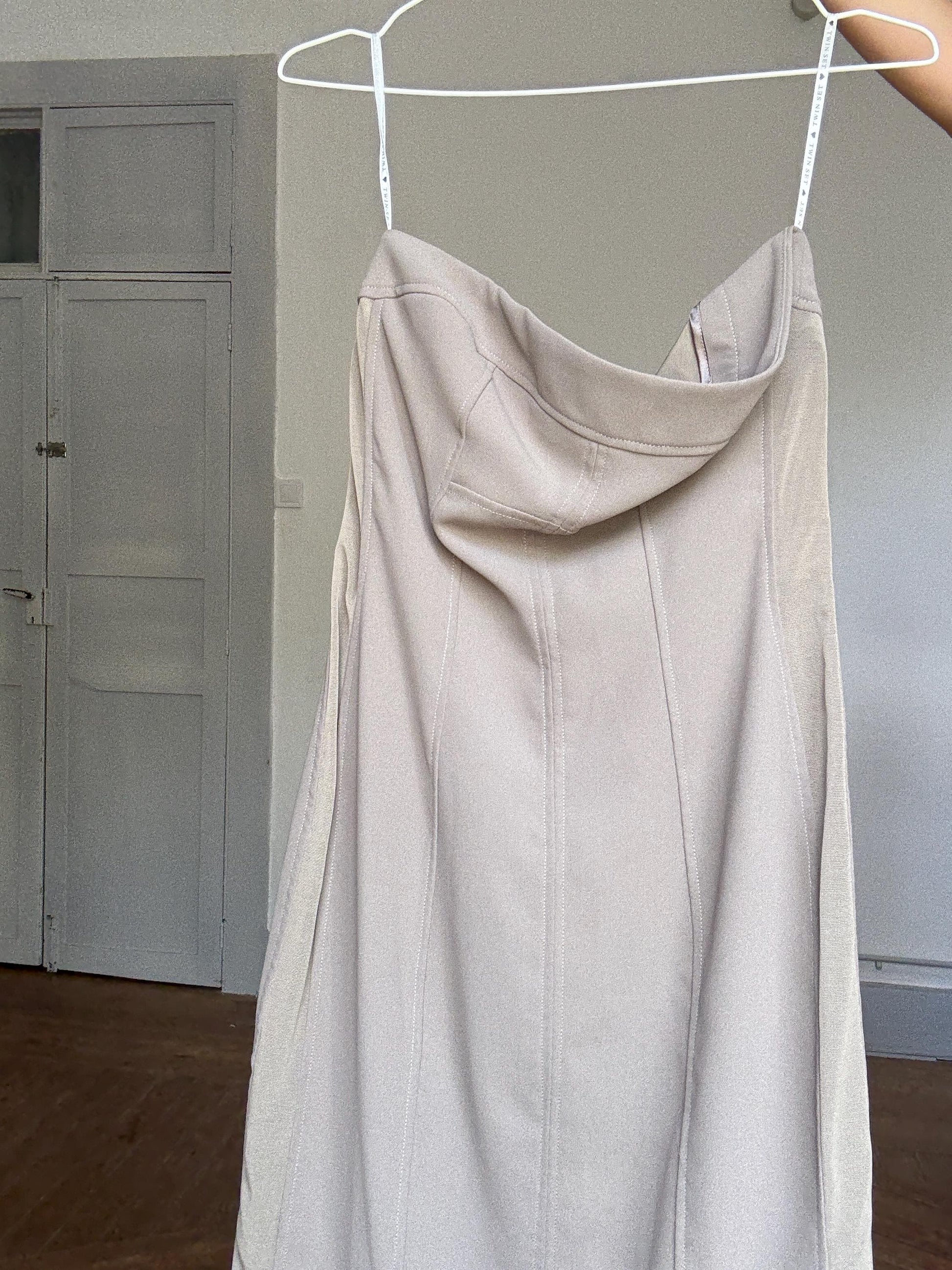 Twin Set Strapless Taupe Bodycon Mini Dress – Made in Italy – Mesh Panel Detail – Sexy Evening Party Dress – Size M (Fits EU 38-40)