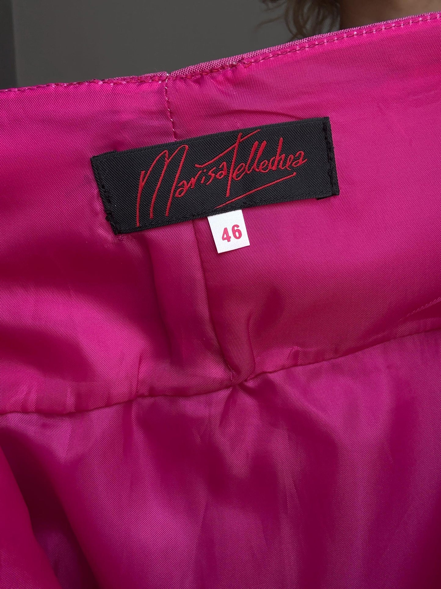 Vintage Strapless Party Dress – Geometric Pink & Lilac Bow Dress – Made in Spain – Size L/XL – Statement Occasion Look