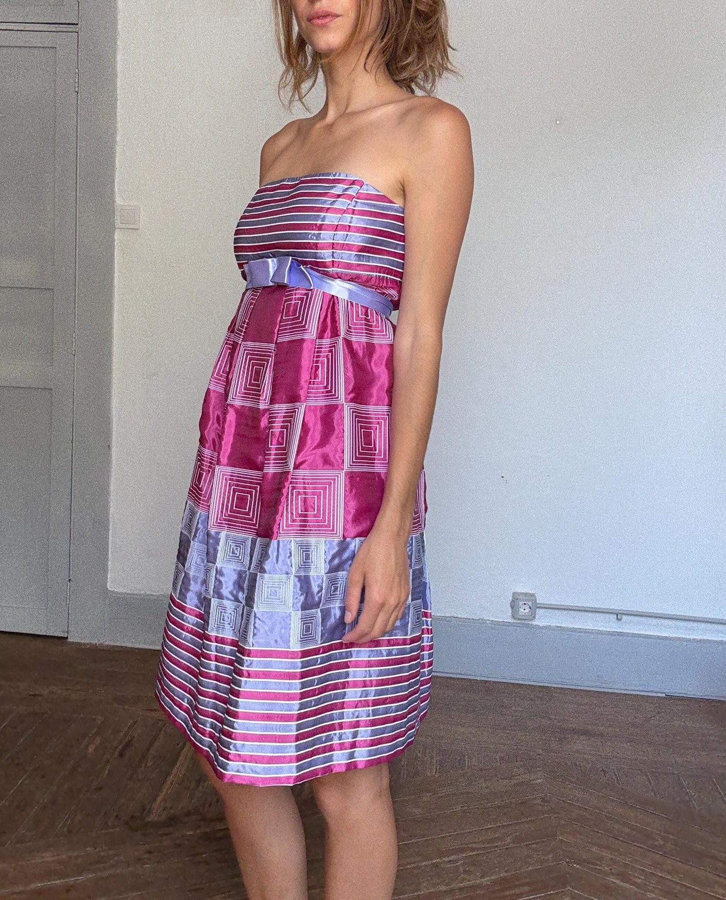Vintage Strapless Party Dress – Geometric Pink & Lilac Bow Dress – Made in Spain – Size L/XL – Statement Occasion Look