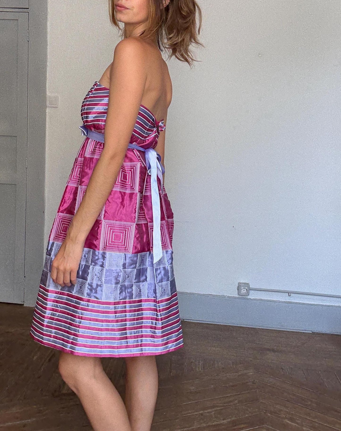 Vintage Strapless Party Dress – Geometric Pink & Lilac Bow Dress – Made in Spain – Size L/XL – Statement Occasion Look