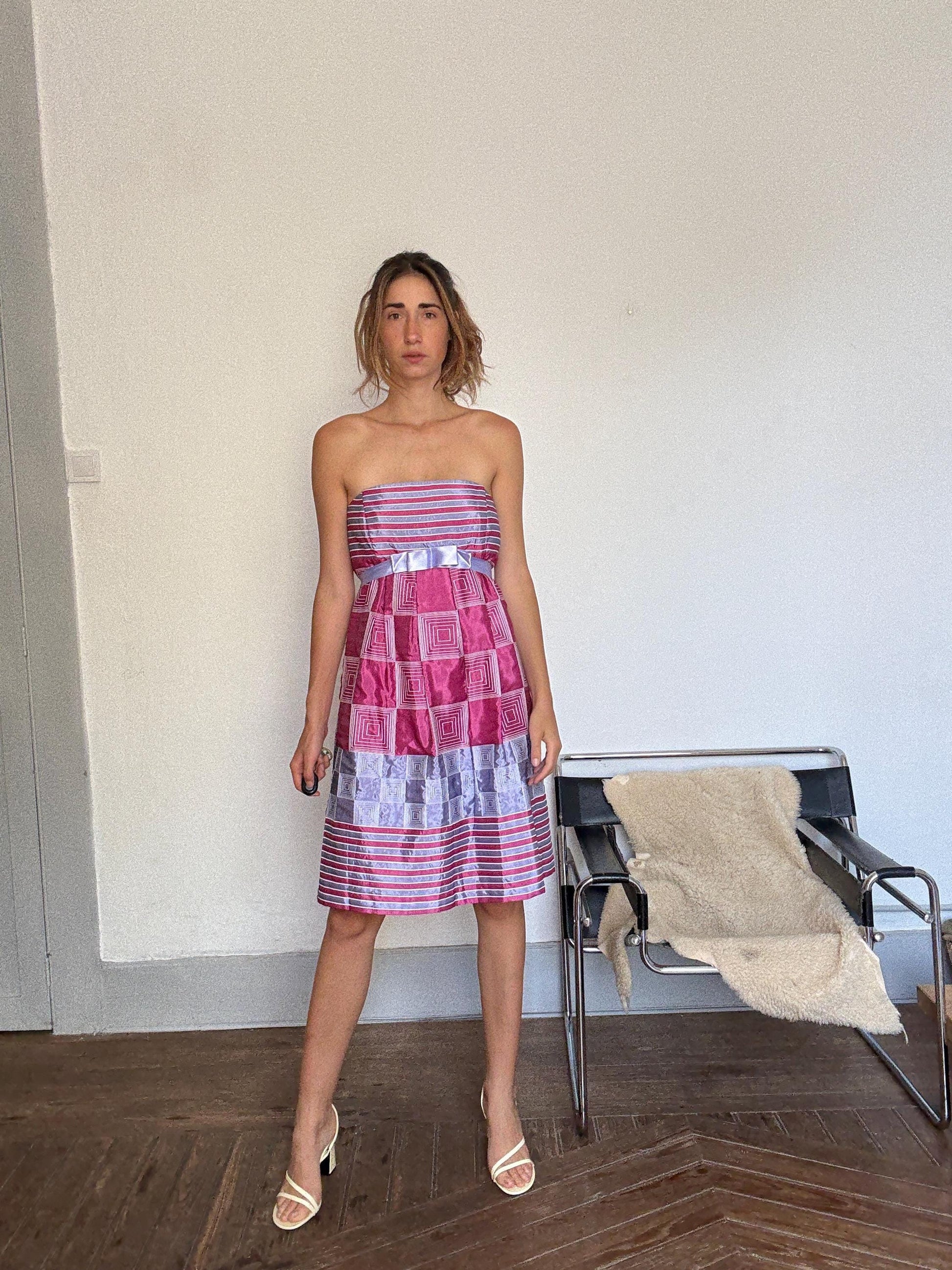 Vintage Strapless Party Dress – Geometric Pink & Lilac Bow Dress – Made in Spain – Size L/XL – Statement Occasion Look