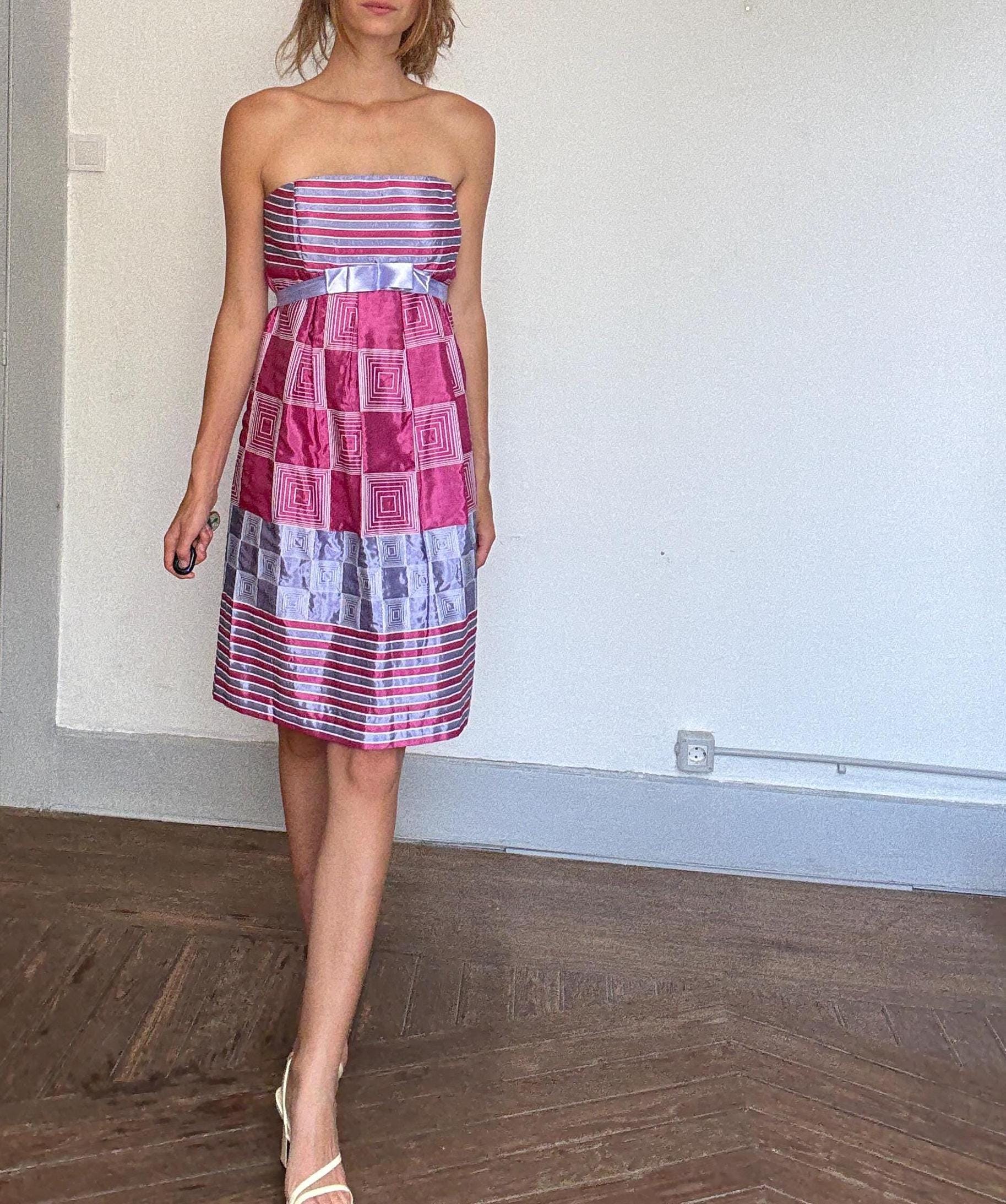 Vintage Strapless Party Dress – Geometric Pink & Lilac Bow Dress – Made in Spain – Size L/XL – Statement Occasion Look