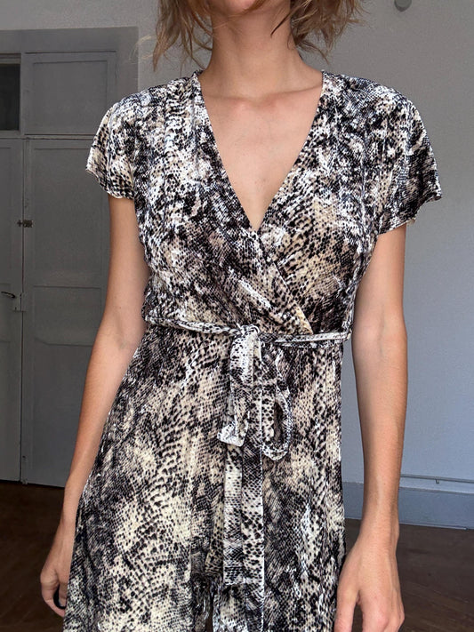 Snake print wrap jumpsuit with belt – comfy stretchy fit, flattering cut, perfect for summer city walks or a poolside aperitif, Size S