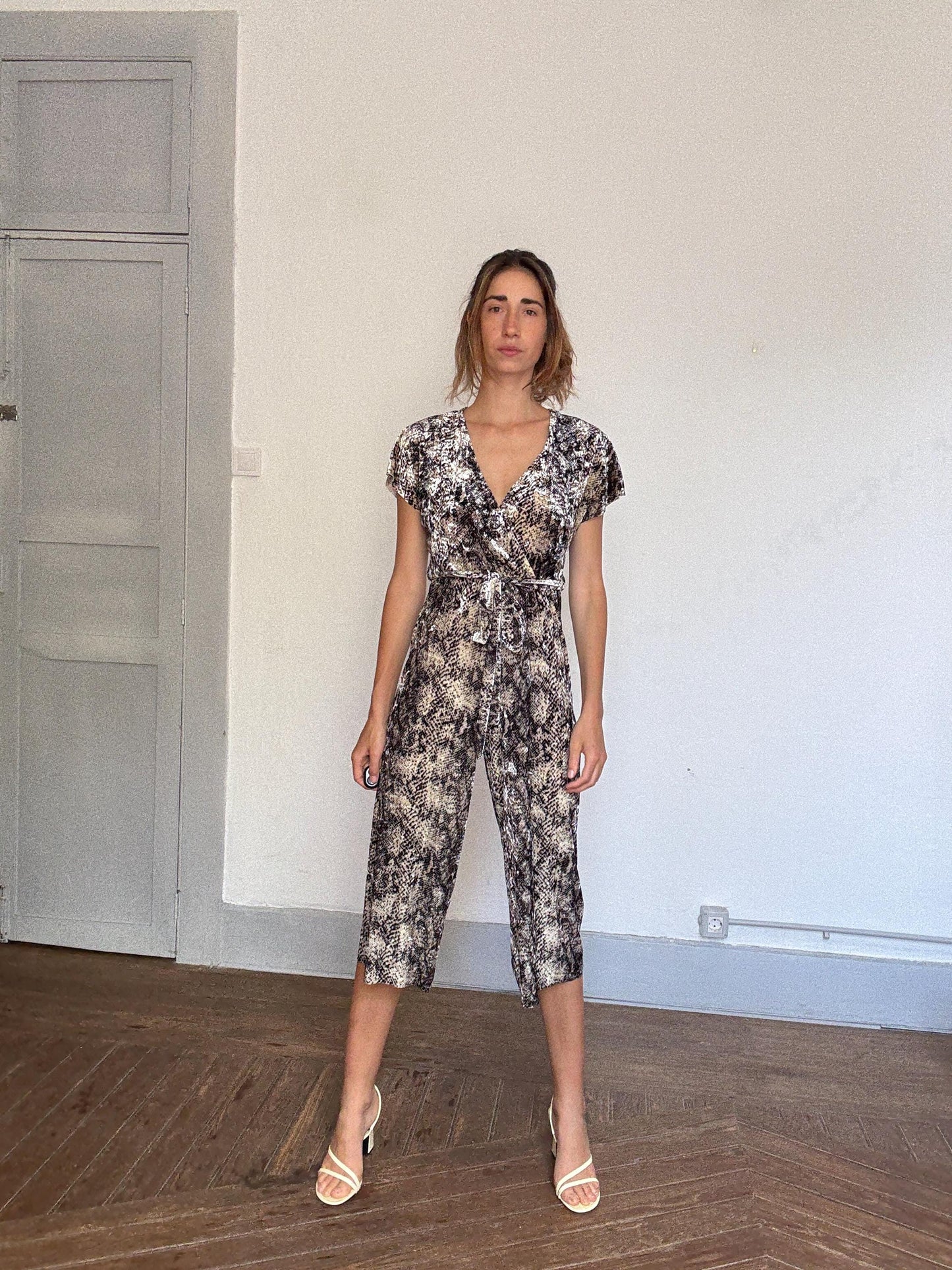 Snake print wrap jumpsuit with belt – comfy stretchy fit, flattering cut, perfect for summer city walks or a poolside aperitif, Size S