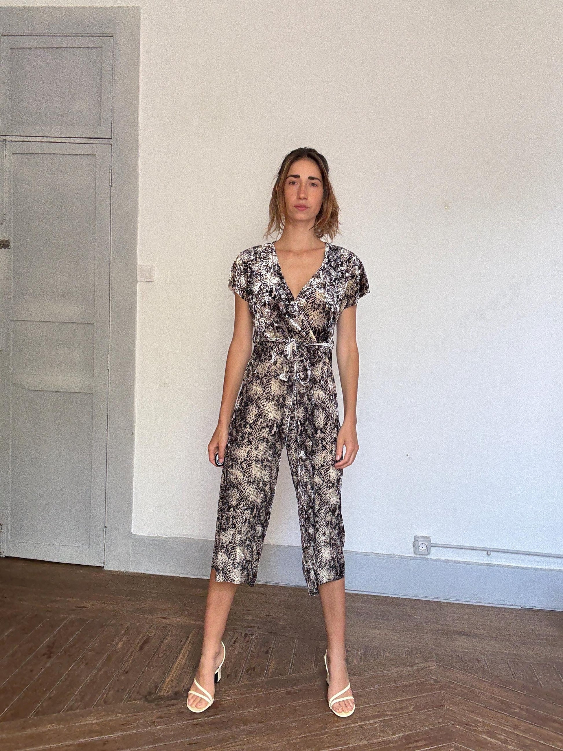 Snake print wrap jumpsuit with belt – comfy stretchy fit, flattering cut, perfect for summer city walks or a poolside aperitif, Size S
