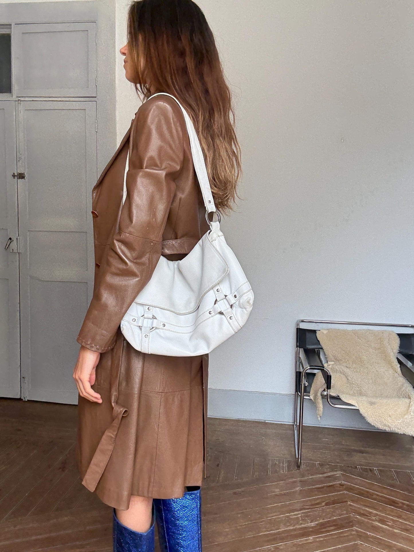 Vintage White Leather Y2K Shoulder Bag — back view