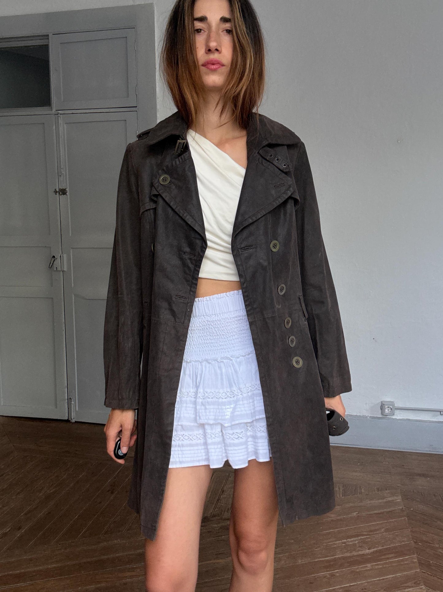 Vintage brown leather trench coat – belted real leather wrap coat D42 fits M, Matrix-inspired, Y2K dark academia femme fatale style