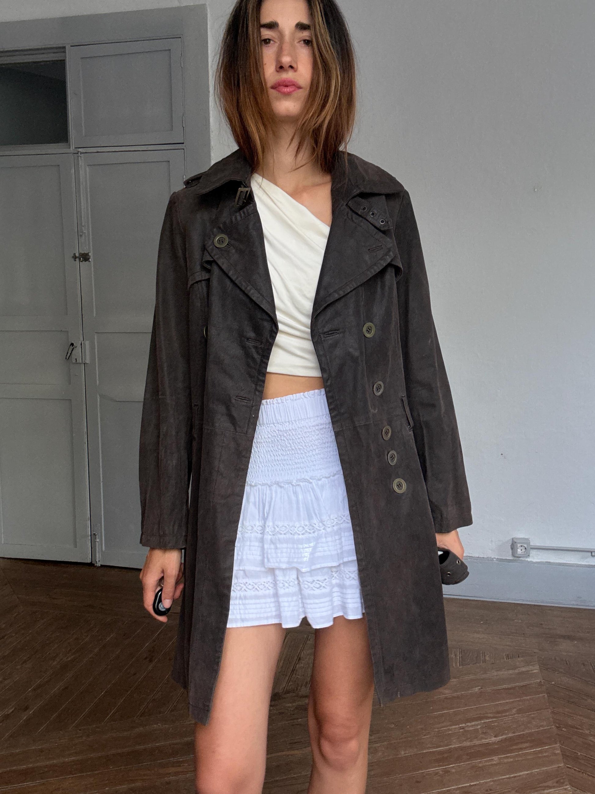 Vintage brown leather trench coat – belted real leather wrap coat D42 fits M, Matrix-inspired, Y2K dark academia femme fatale style