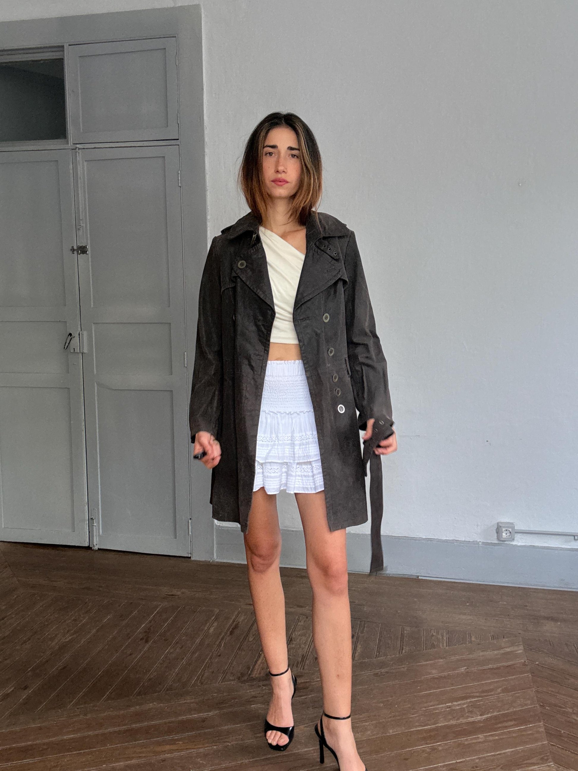 Vintage brown leather trench coat – belted real leather wrap coat D42 fits M, Matrix-inspired, Y2K dark academia femme fatale style