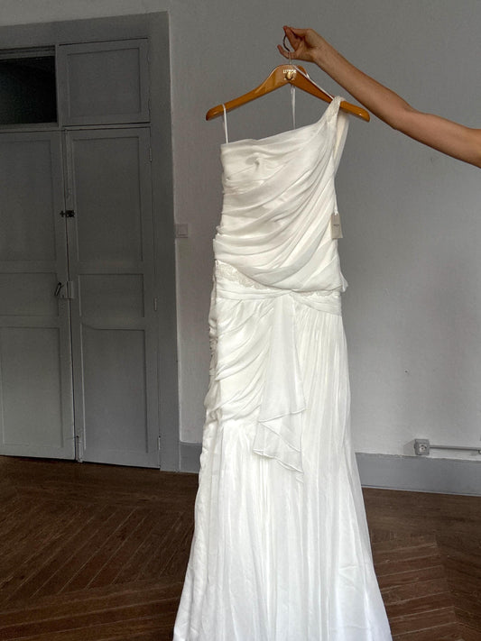 Pronovias One Shoulder Wedding Dress – Greek goddess bridal gown, draped satin maxi dress UK 12 D38, bridal 2000s red carpet vibe