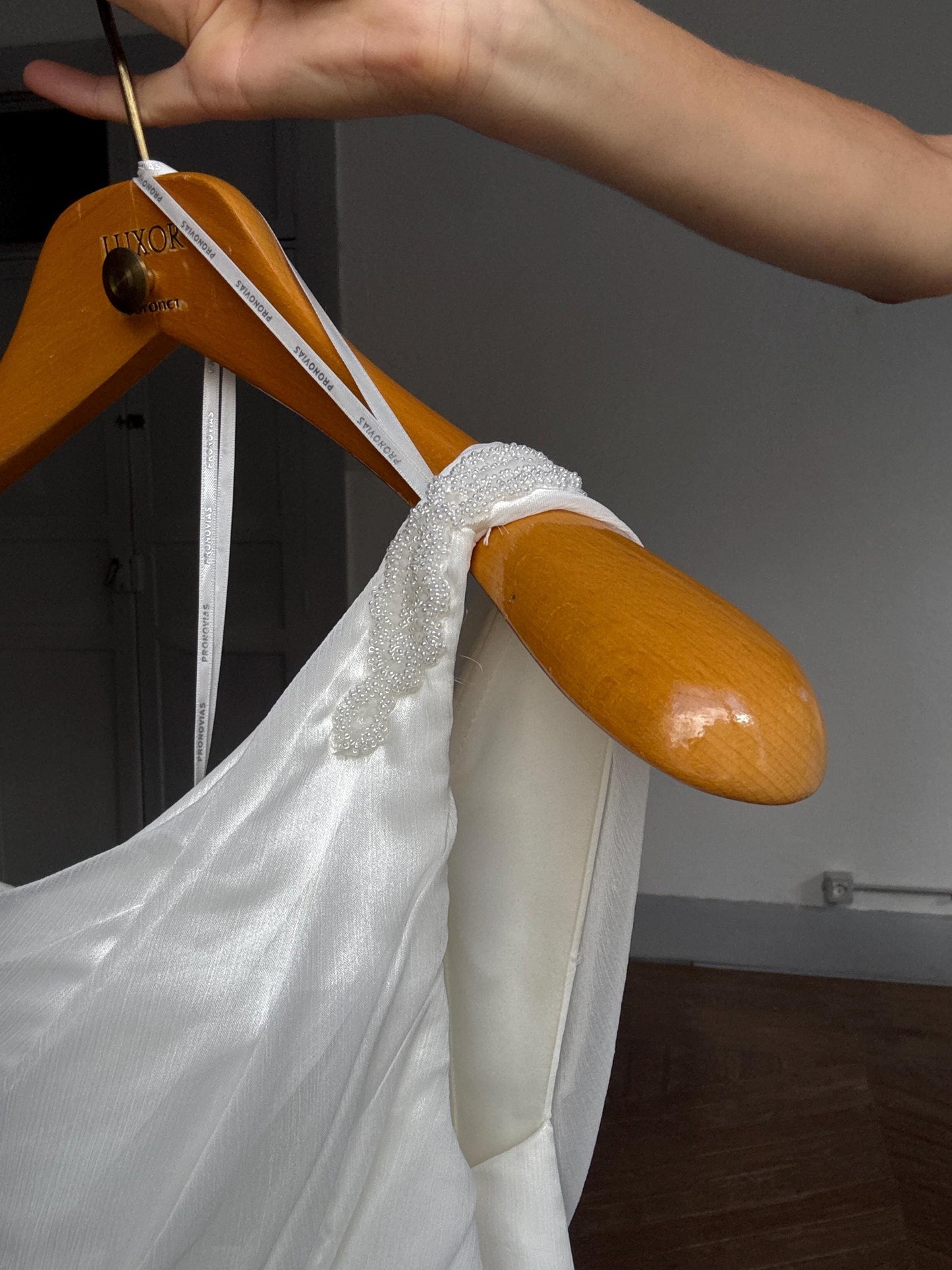 Pronovias One Shoulder Wedding Dress – Greek goddess bridal gown, draped satin maxi dress UK 12 D38, bridal 2000s red carpet vibe