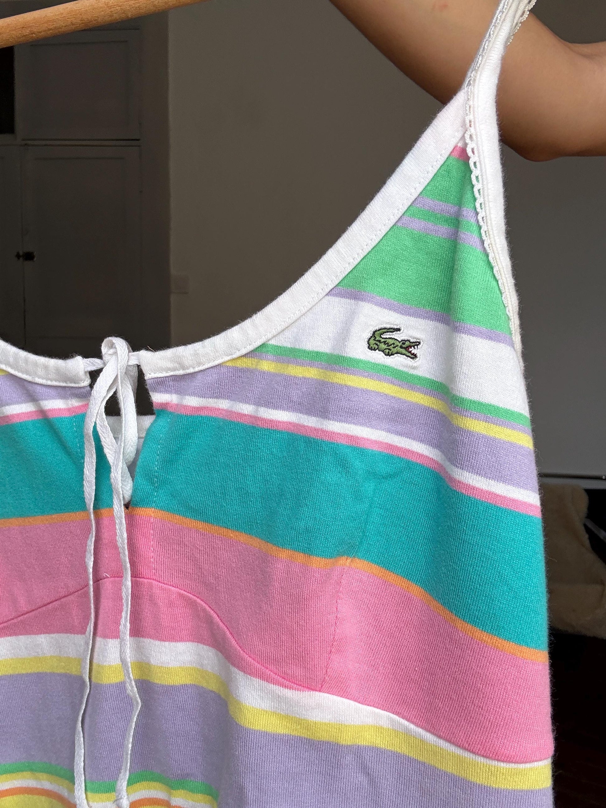 Vintage Lacoste Y2K Striped Camisole – Pastel 90s Tank Top with Tie Front, Rare Preppy Aesthetic Summer Tee