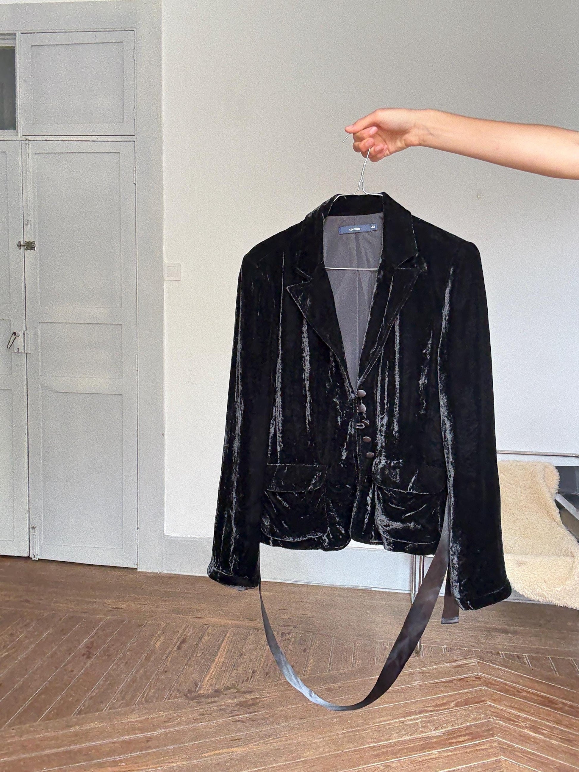 Romantic Velvet Black Blazer | Cortefiel Vintage Y2K Gothic Coquette Ribbon Jacket, Size EU 42