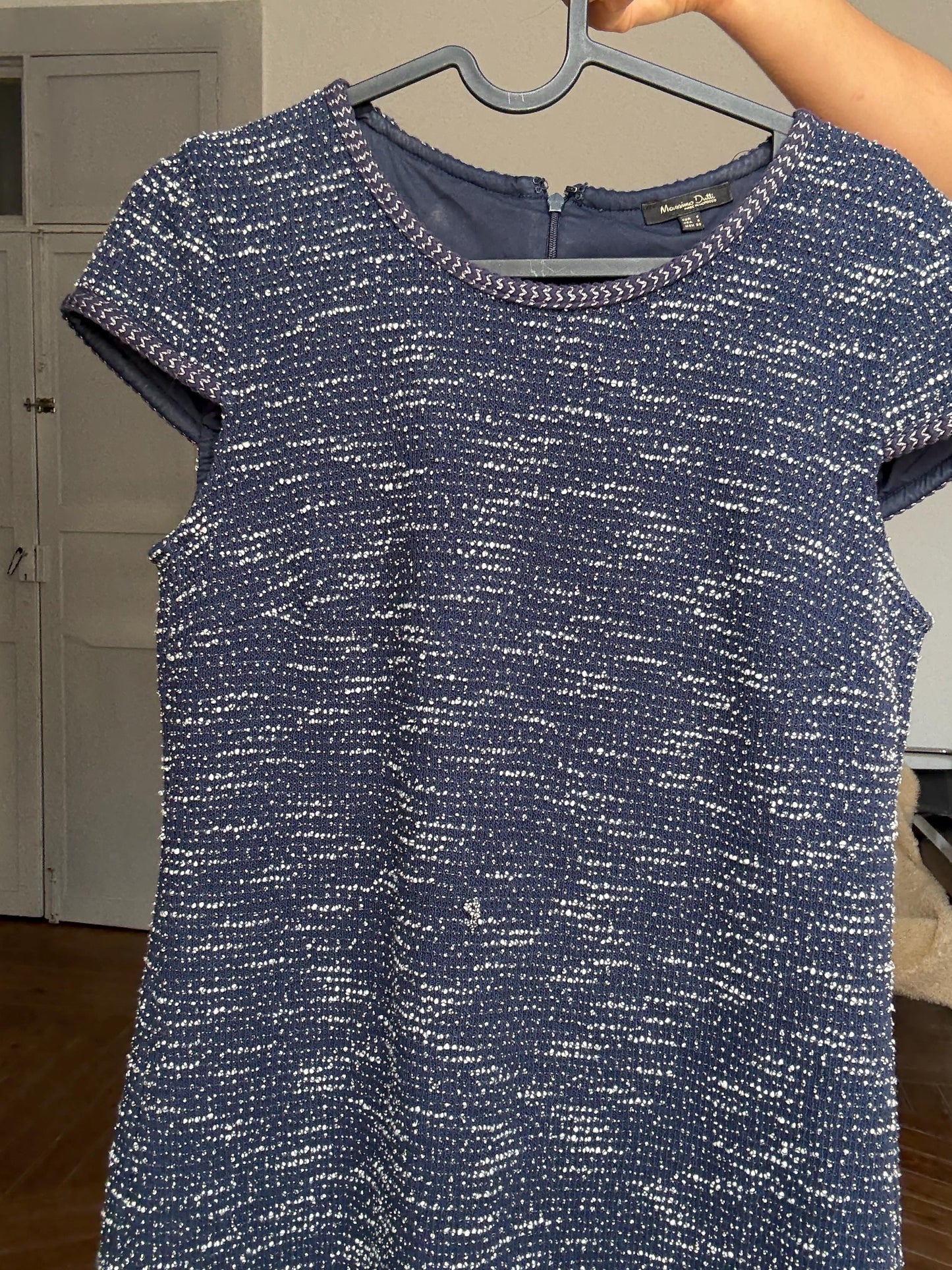 Massimo Dutti navy shimmer mini dress | metallic tweed style | short sleeve shift | elegant French fit | retro 60s vibe | size S