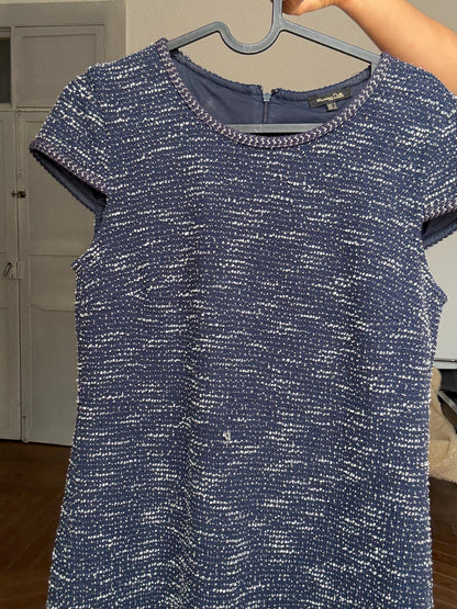 Massimo Dutti navy shimmer mini dress | metallic tweed style | short sleeve shift | elegant French fit | retro 60s vibe | size S