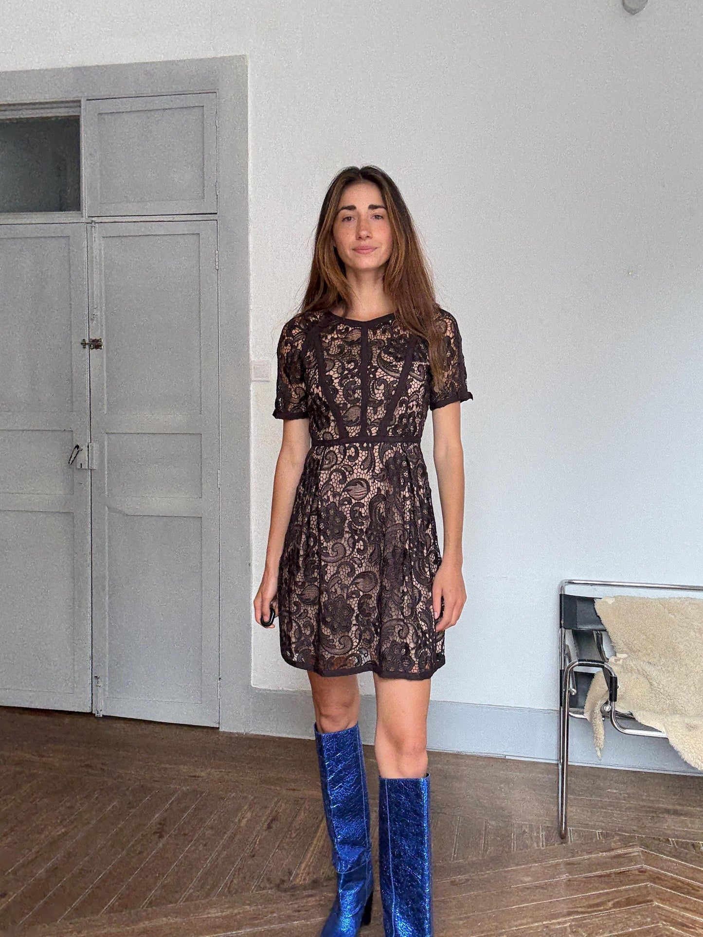 Hoss Intropia black lace dress | Christmas romantic sheer overlay fit & flare | Spanish luxury brand | party-ready elegance | EU 40 | size M