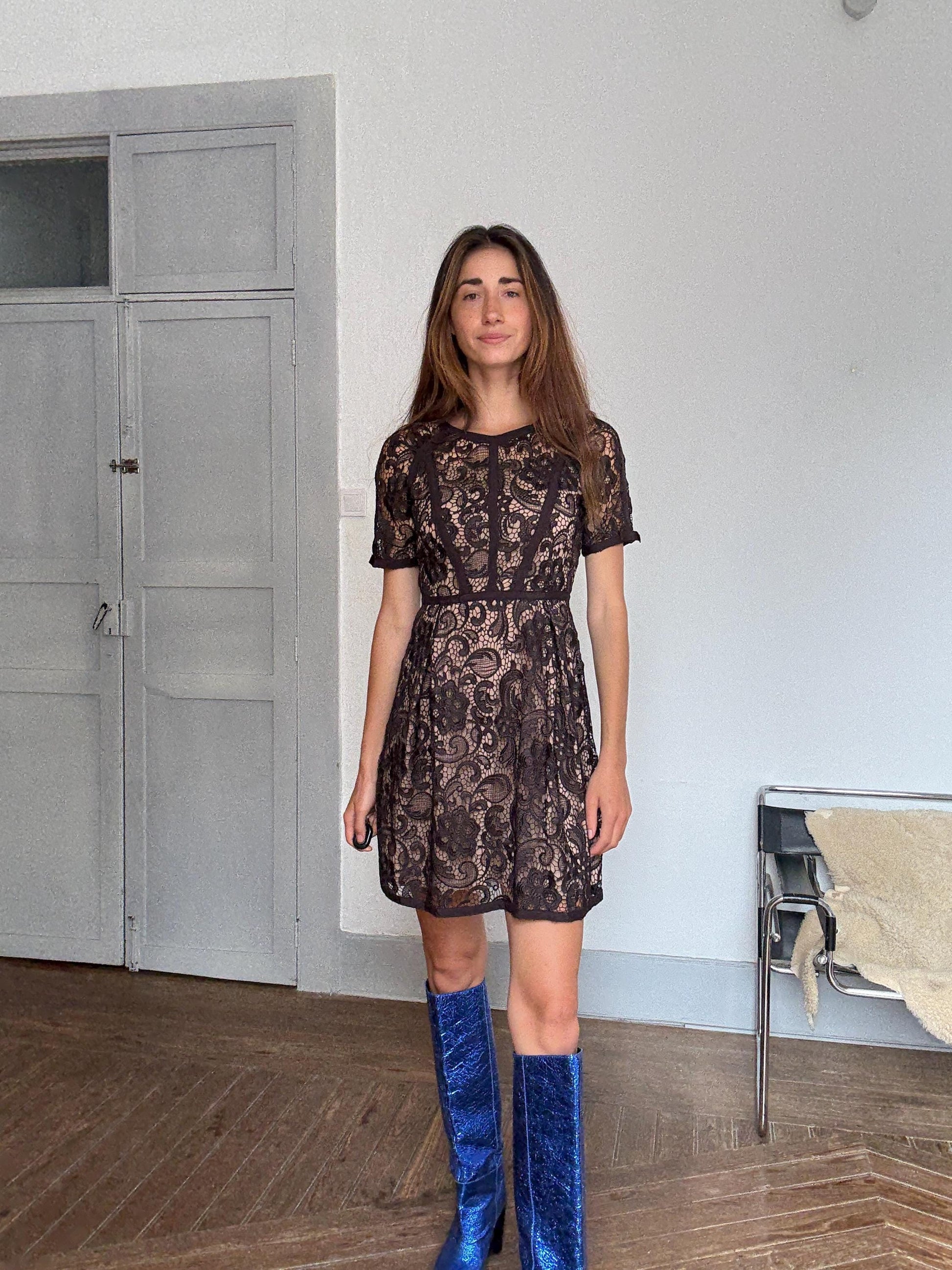 Hoss Intropia black lace dress | Christmas romantic sheer overlay fit & flare | Spanish luxury brand | party-ready elegance | EU 40 | size M