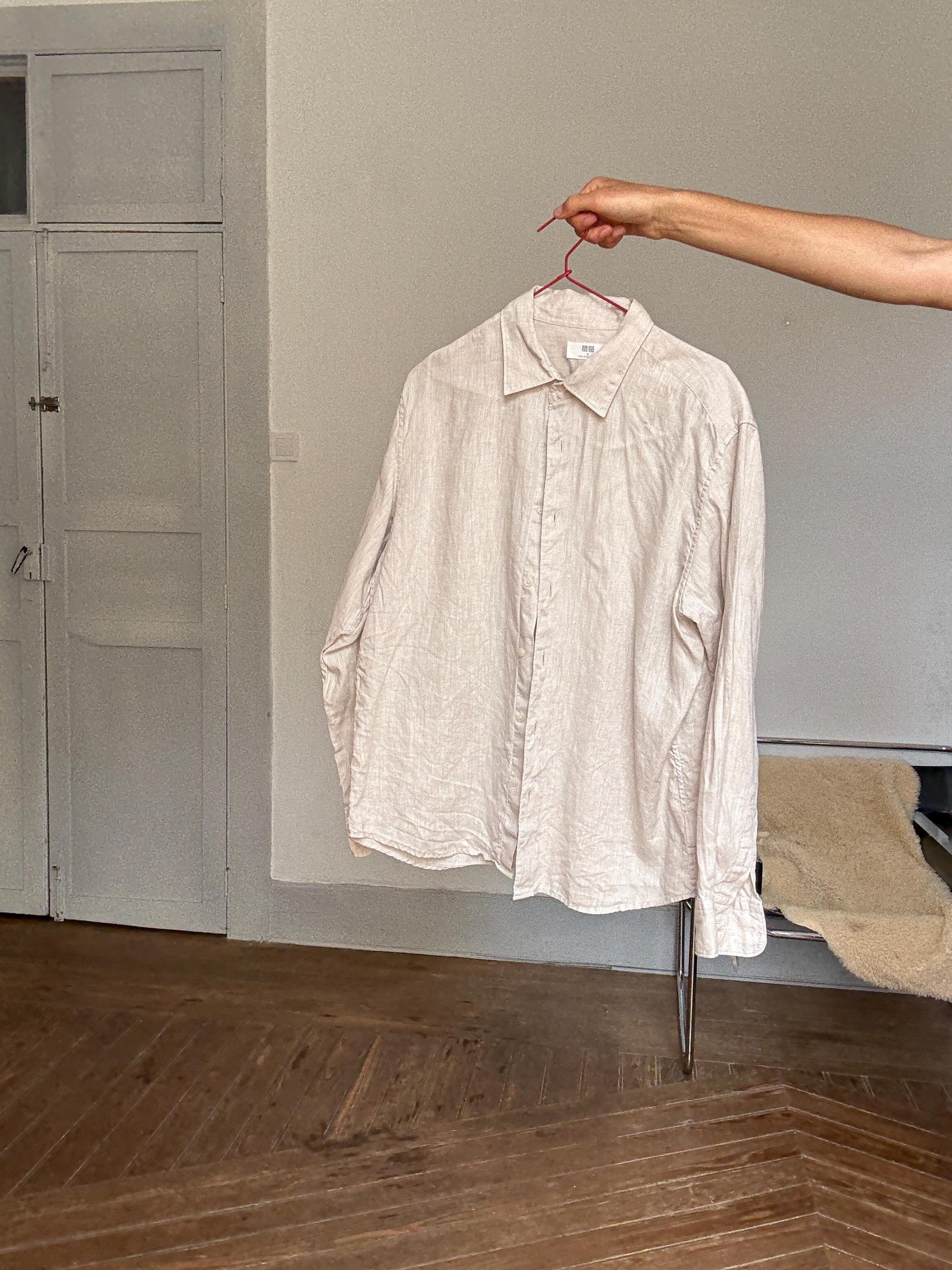 Vintage 100% Linen Oatmeal Shirt by Uniqlo – Unisex Fit, Oversized or Knotted Crop Style, Earthy Minimal Look, Size M