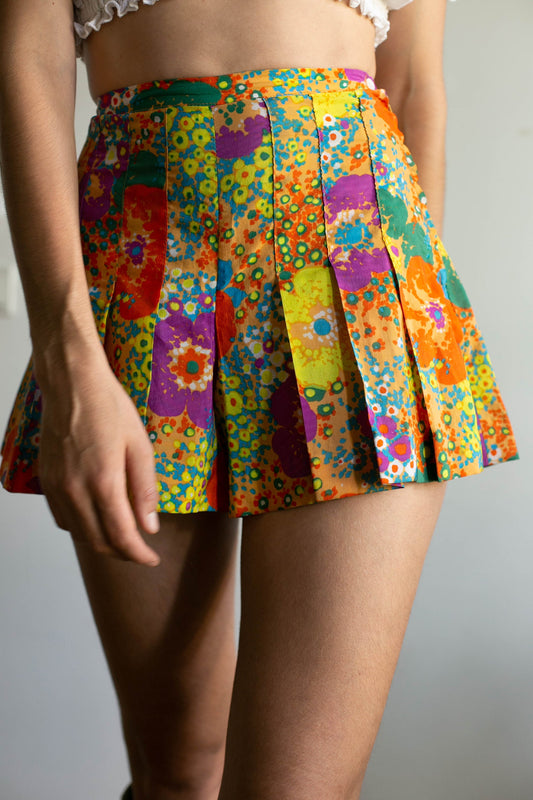 Vintage 70s Handmade Floral Micro Skort – Pleated Summer Festival Mini