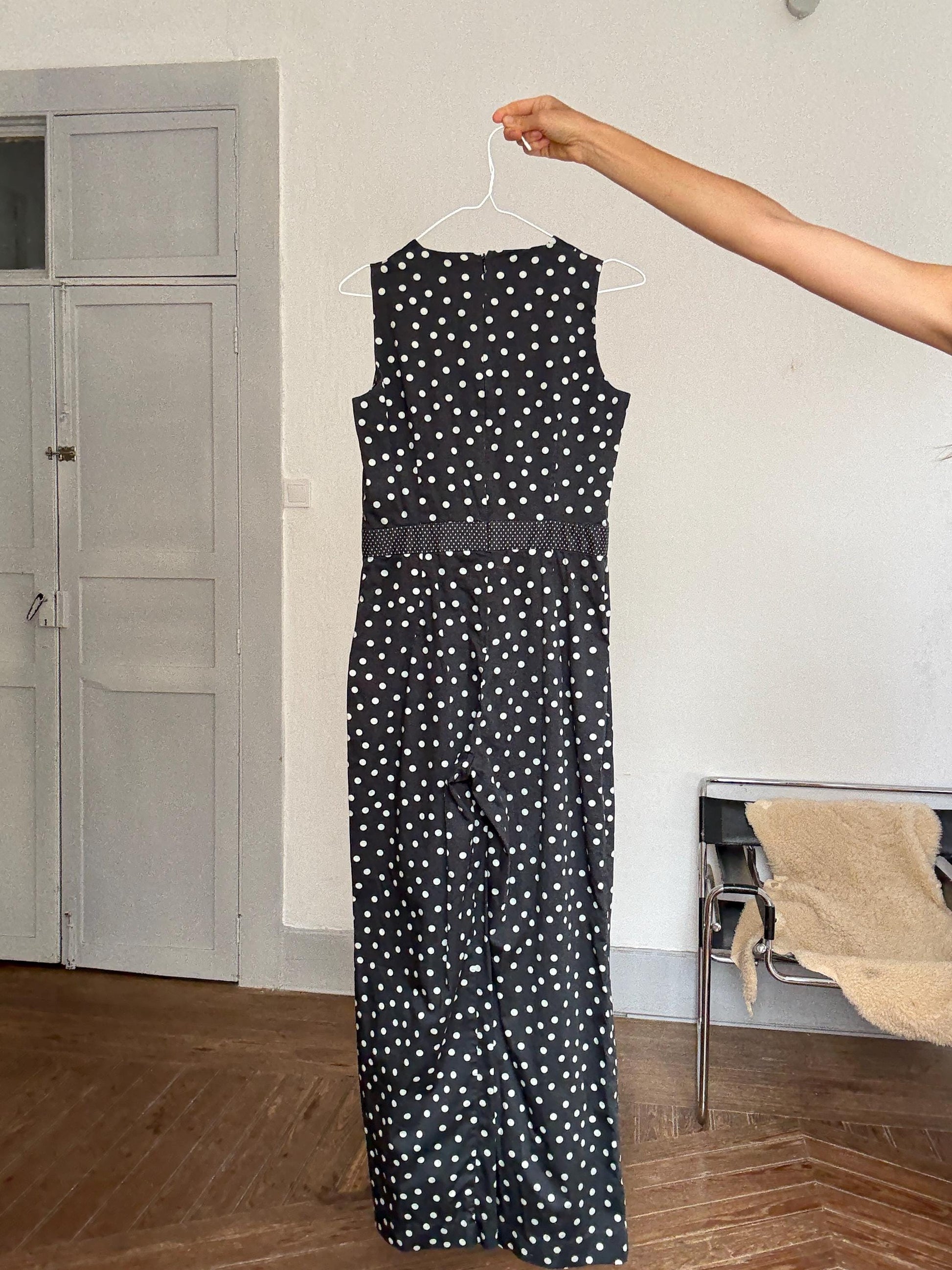 Vintage polka dot jumpsuit – blue dot wide leg one piece, elegant 2000s retro cut, great for petites, summer chic, Size M