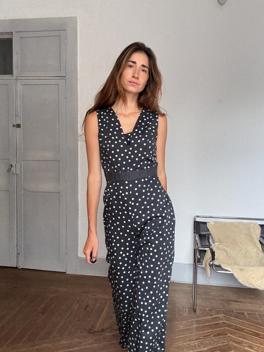 Vintage polka dot jumpsuit – blue dot wide leg one piece, elegant 2000s retro cut, great for petites, summer chic, Size M