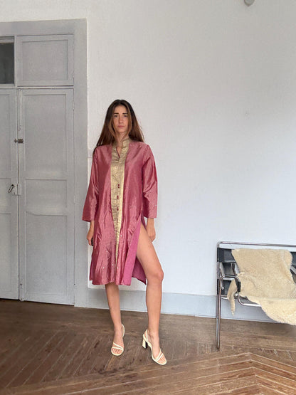 Vintage Indian pure silk dusty pink & gold dress – breathable lined kurta tunic, elegant boho luxury, one of a kind