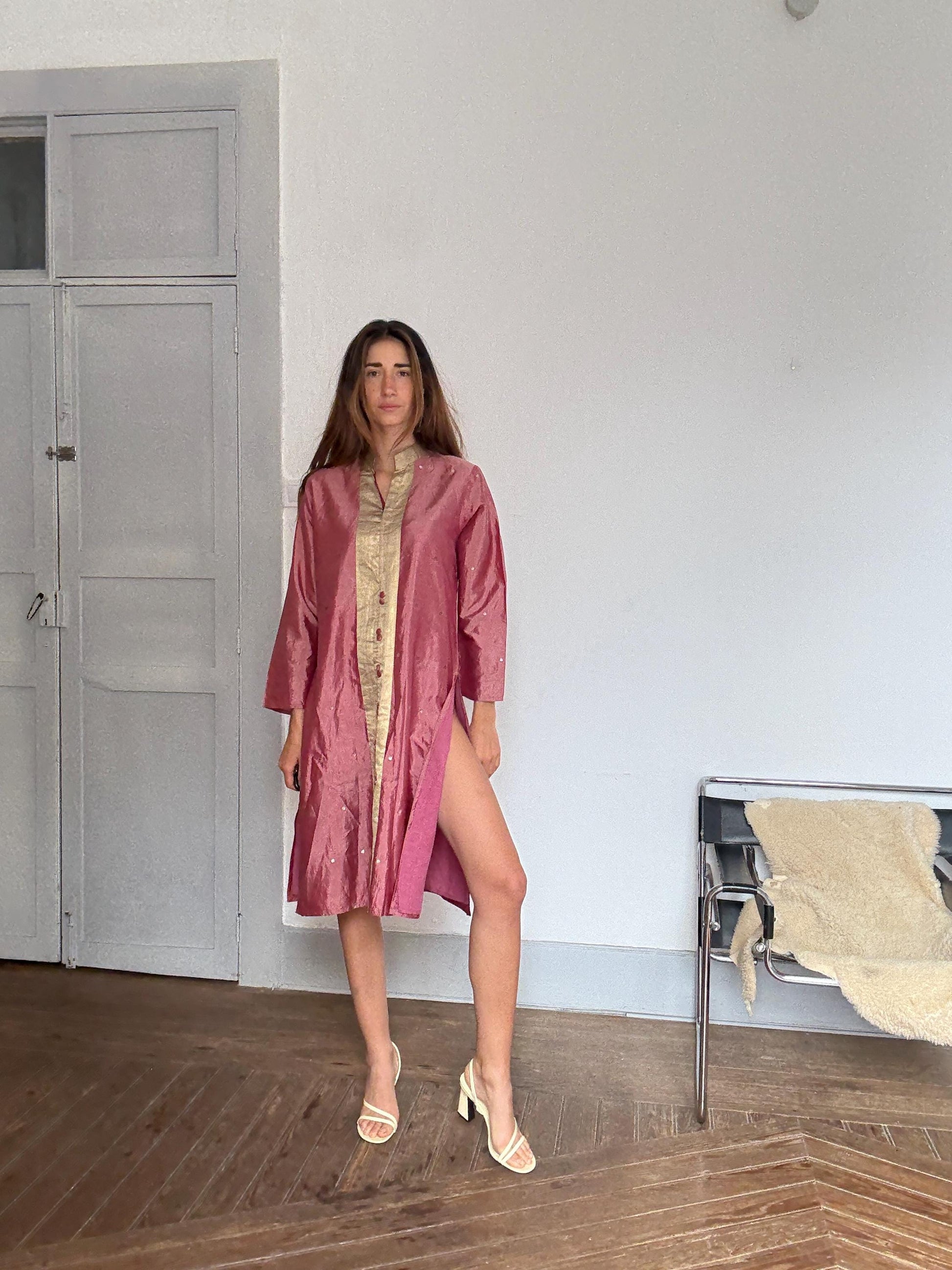 Vintage Indian pure silk dusty pink & gold dress – breathable lined kurta tunic, elegant boho luxury, one of a kind