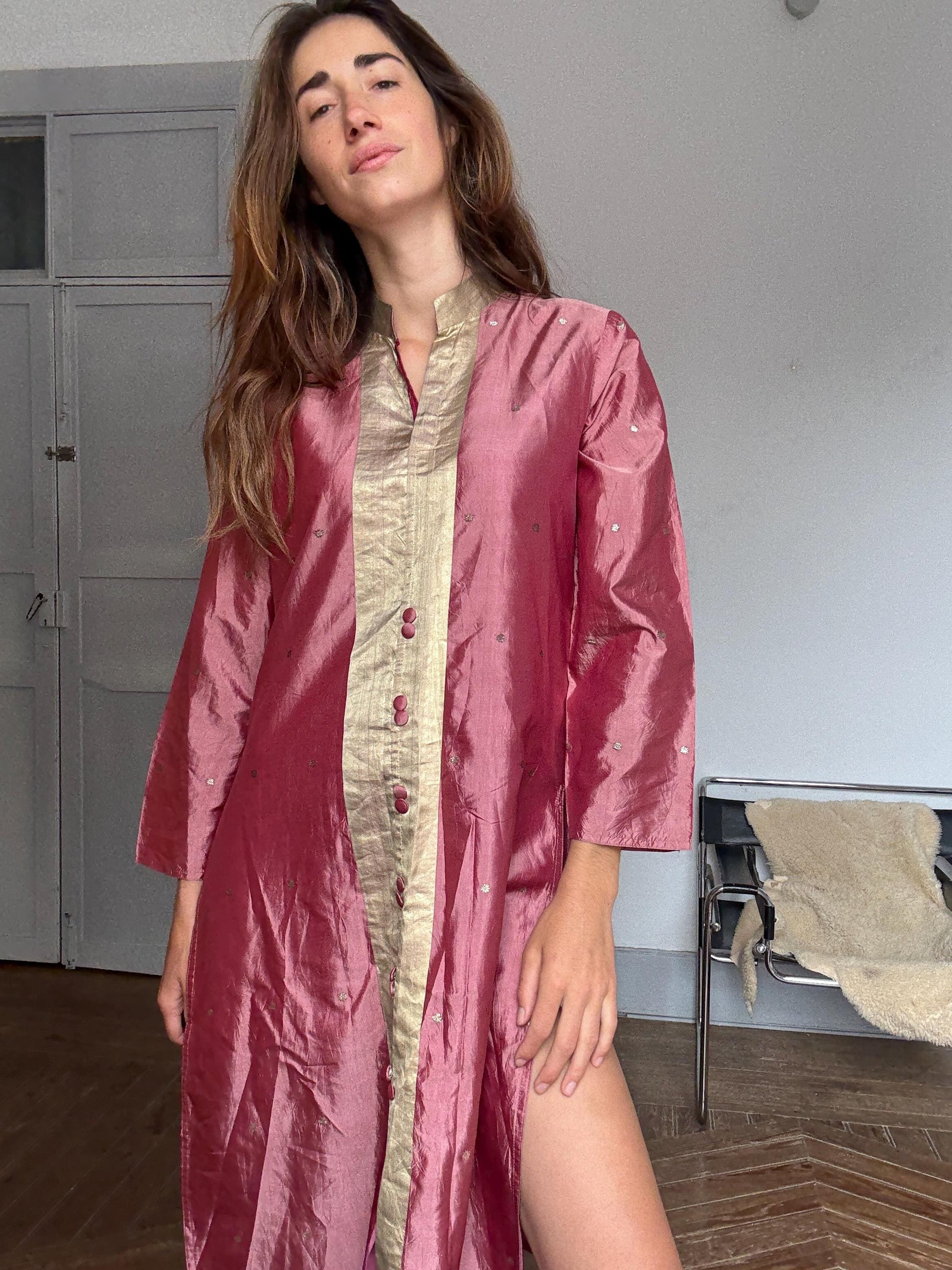 Vintage Indian pure silk dusty pink & gold dress – breathable lined kurta tunic, elegant boho luxury, one of a kind