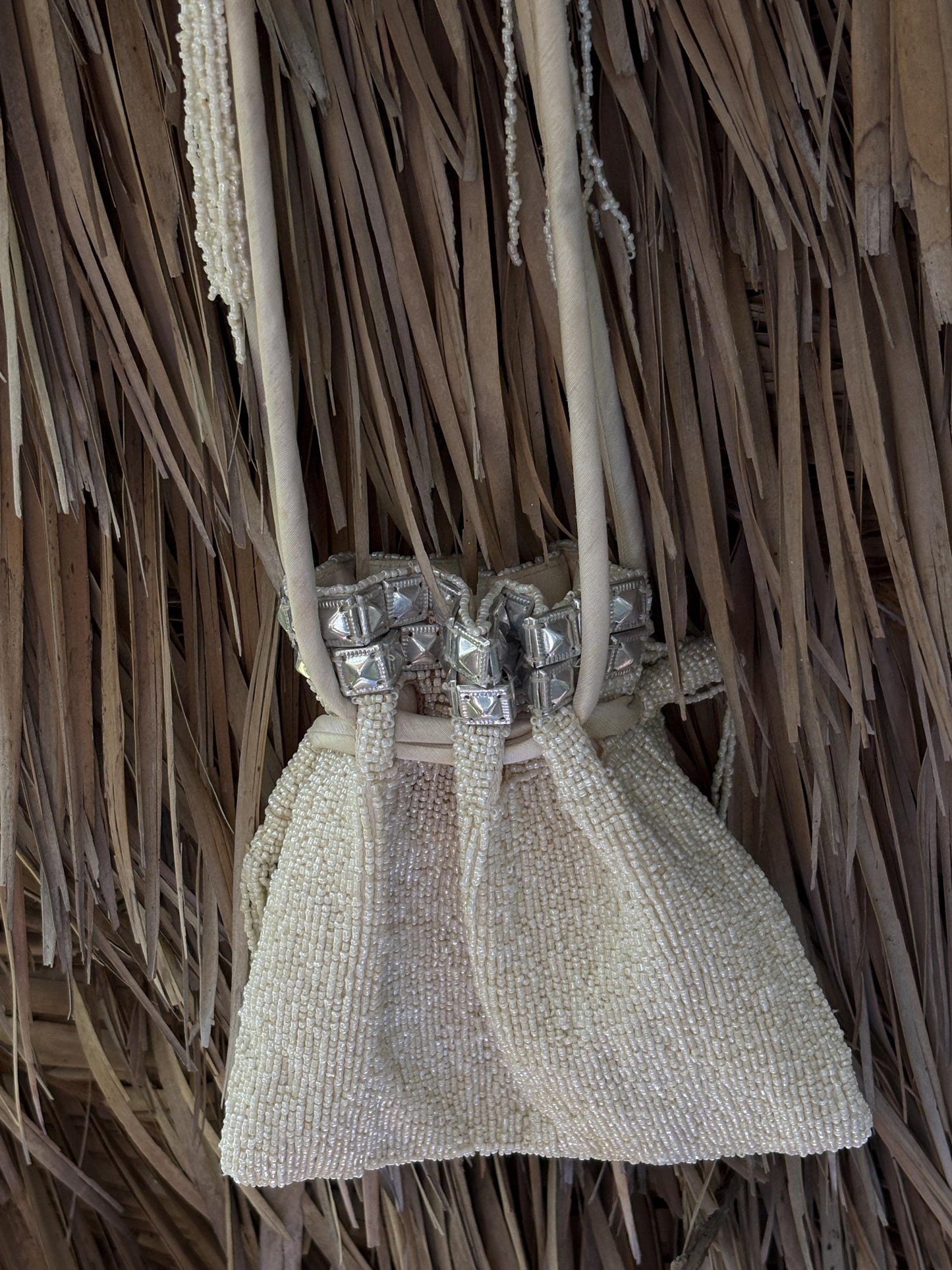 Vintage ivory beaded evening bag with sequin details and tassels – romantic 1920s-inspired drawstring pouch purse