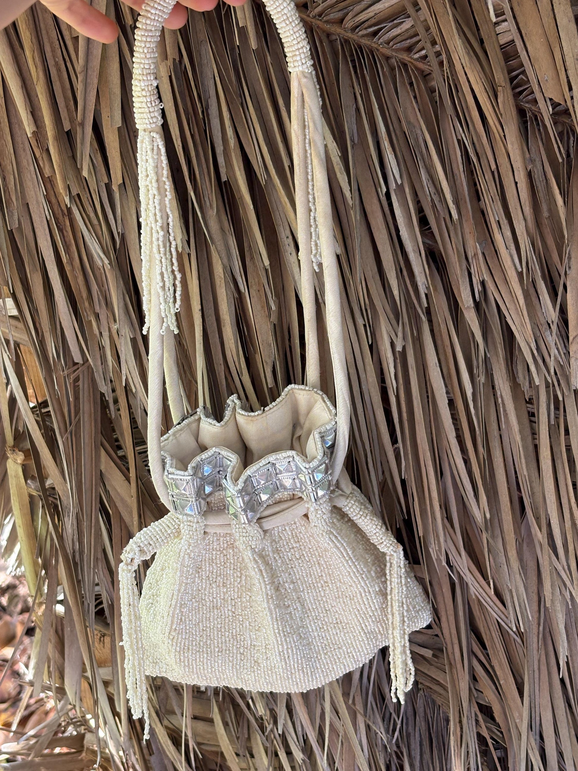 Vintage ivory beaded evening bag with sequin details and tassels – romantic 1920s-inspired drawstring pouch purse