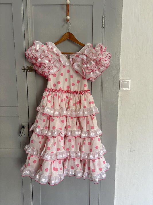 True vintage Spanish flamenco dress by Mari Cruz Sevilla – pink polka dot ruffle dress for petite adult or child, feria showpiece, Size XXS