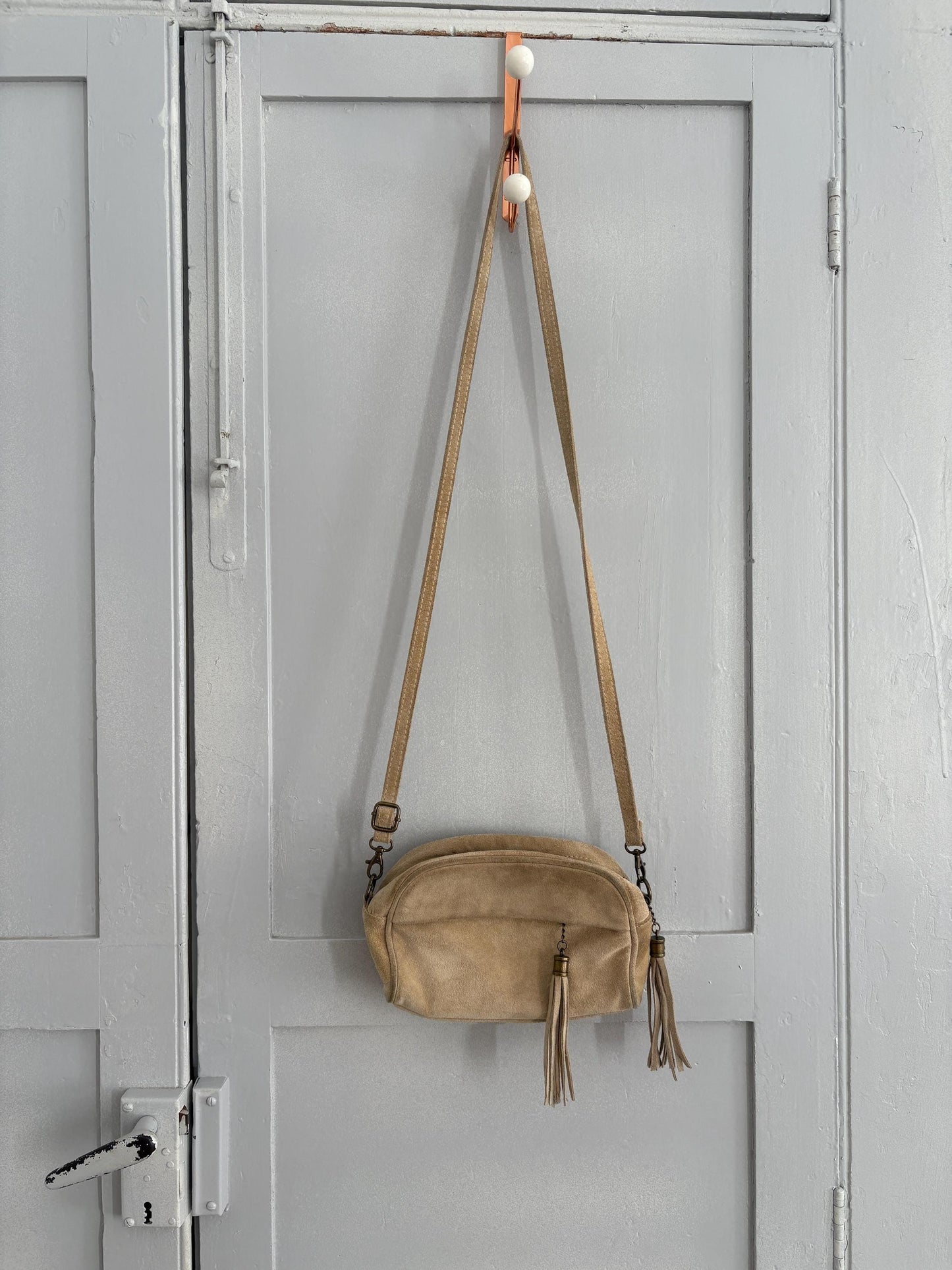 Vintage Italian Suede Leather Crossbody Bag with Tassels | Adjustable Strap