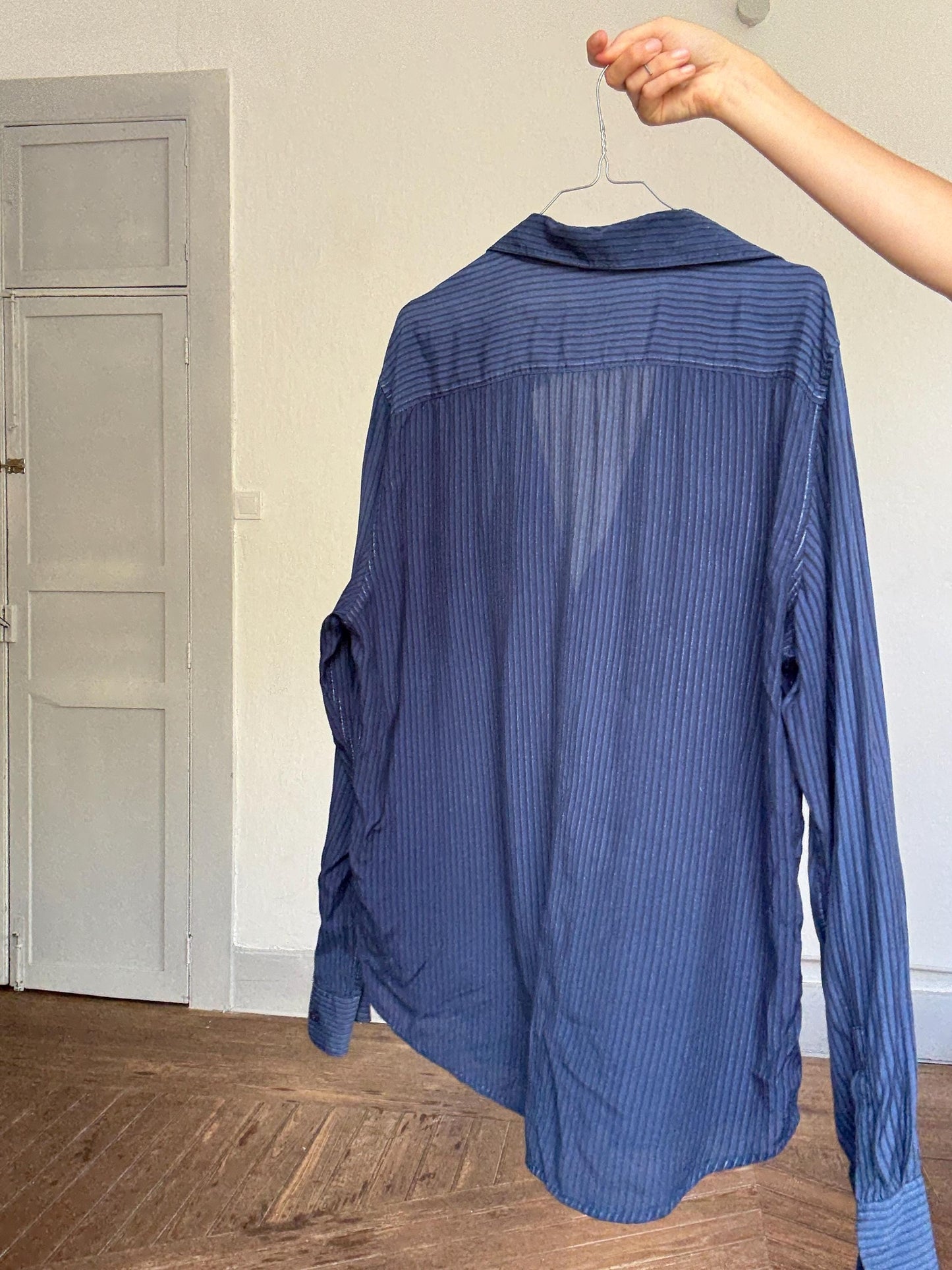 Vintage Adolfo Dominguez Navy Striped Shirt – 90s Minimalist Fit, Kate Moss Style, Sheer Viscose, Oversized Look Size L-XL