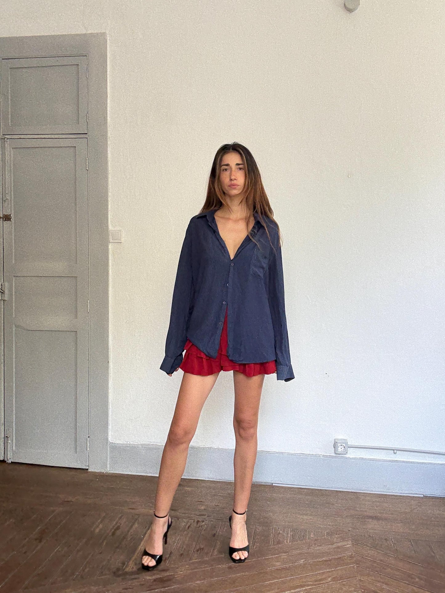 Vintage Adolfo Dominguez Navy Striped Shirt – 90s Minimalist Fit, Kate Moss Style, Sheer Viscose, Oversized Look Size L-XL