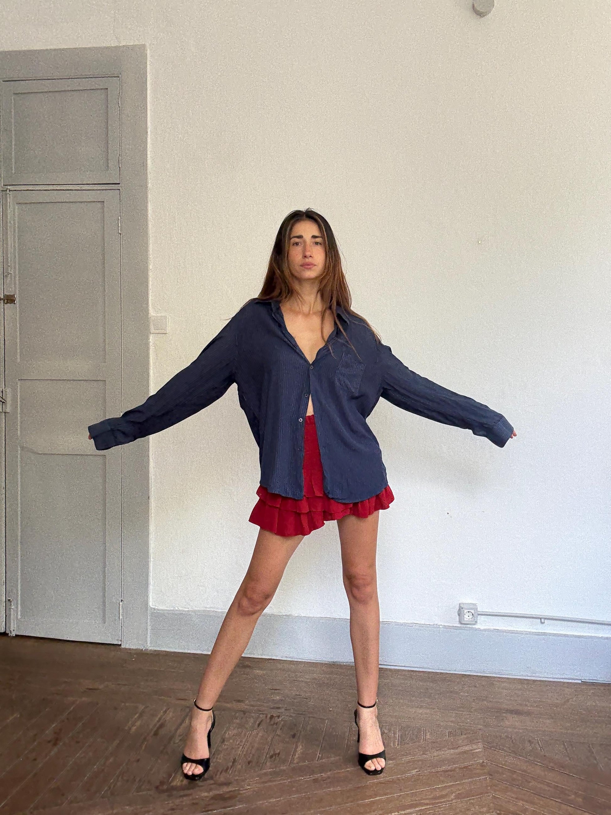 Vintage Adolfo Dominguez Navy Striped Shirt – 90s Minimalist Fit, Kate Moss Style, Sheer Viscose, Oversized Look Size L-XL