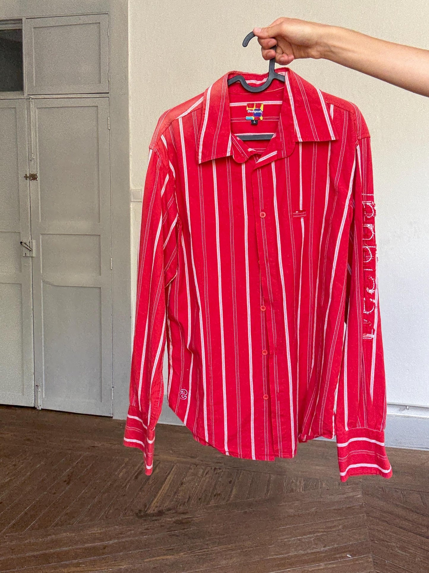Vintage Desigual red & white striped cotton button up shirt – size L, unisex fit, bold print, Y2K style,