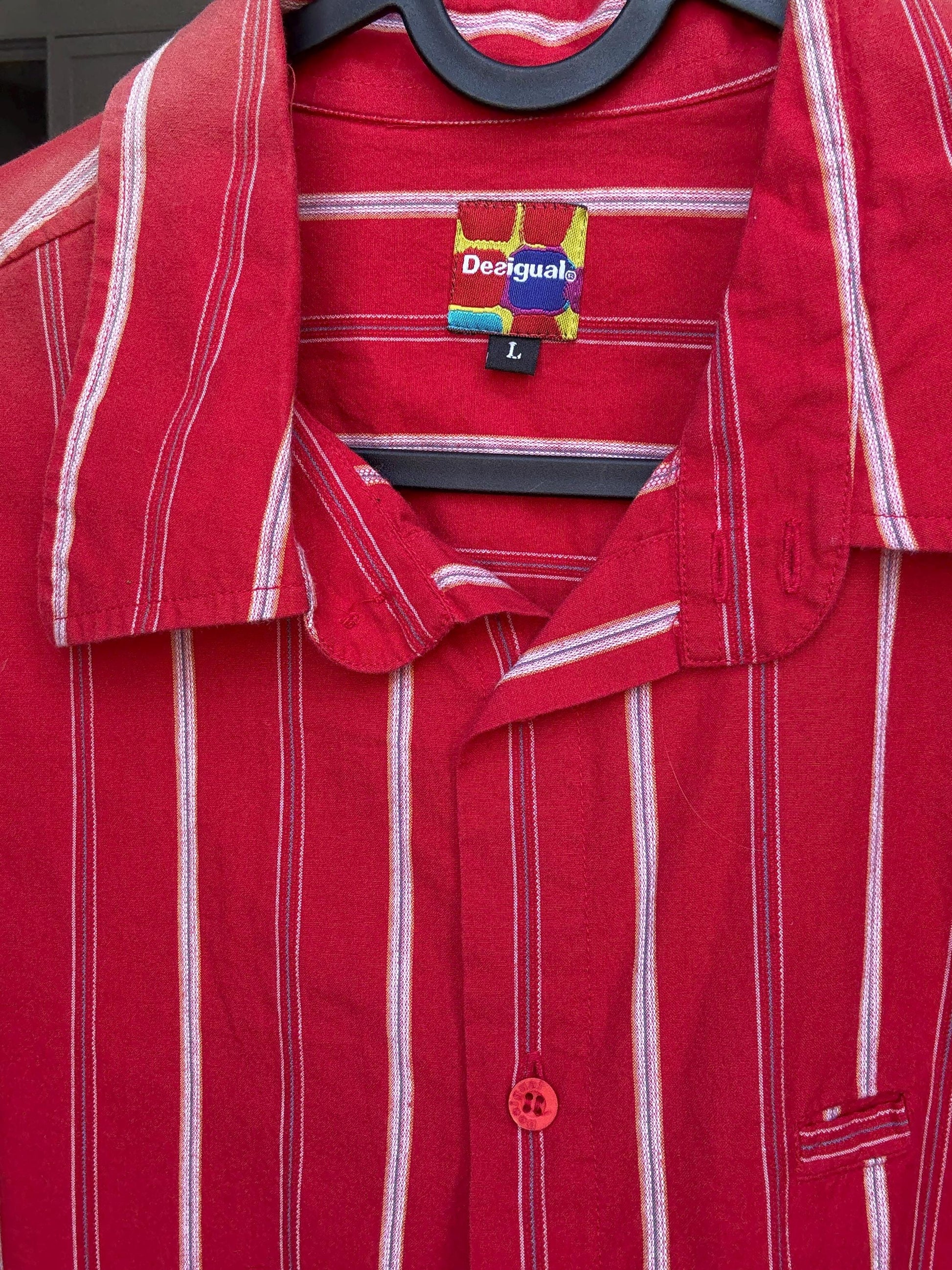 Vintage Desigual red & white striped cotton button up shirt – size L, unisex fit, bold print, Y2K style,