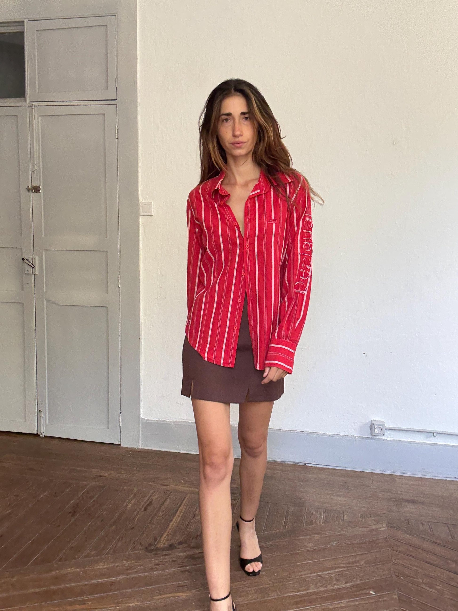 Vintage Desigual red & white striped cotton button up shirt – size L, unisex fit, bold print, Y2K style,