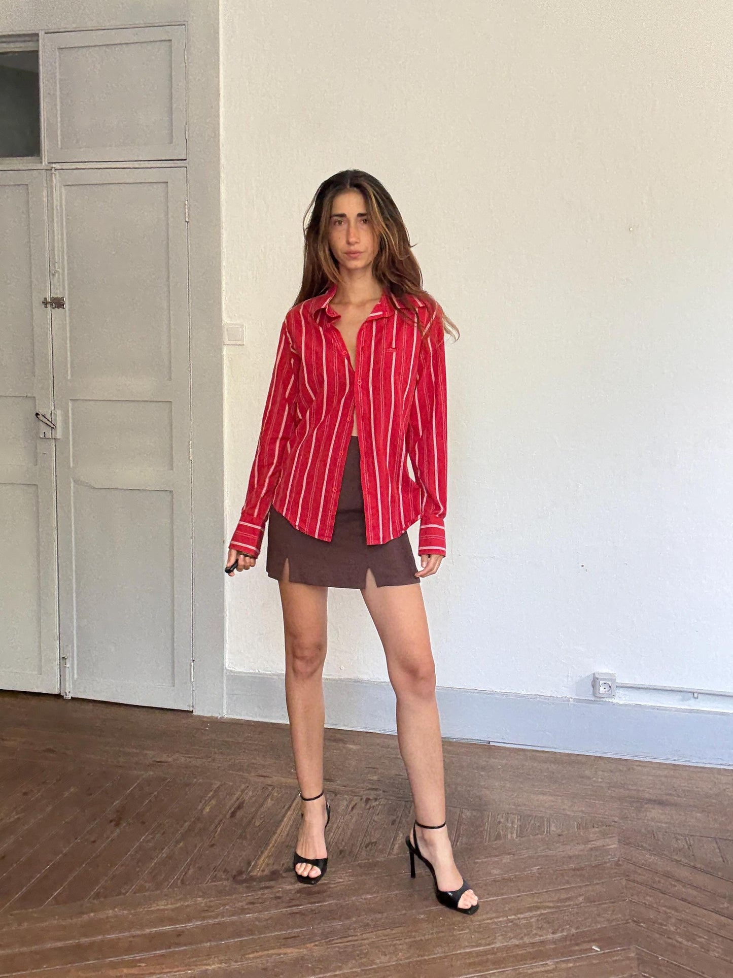 Vintage Desigual red & white striped cotton button up shirt – size L, unisex fit, bold print, Y2K style,