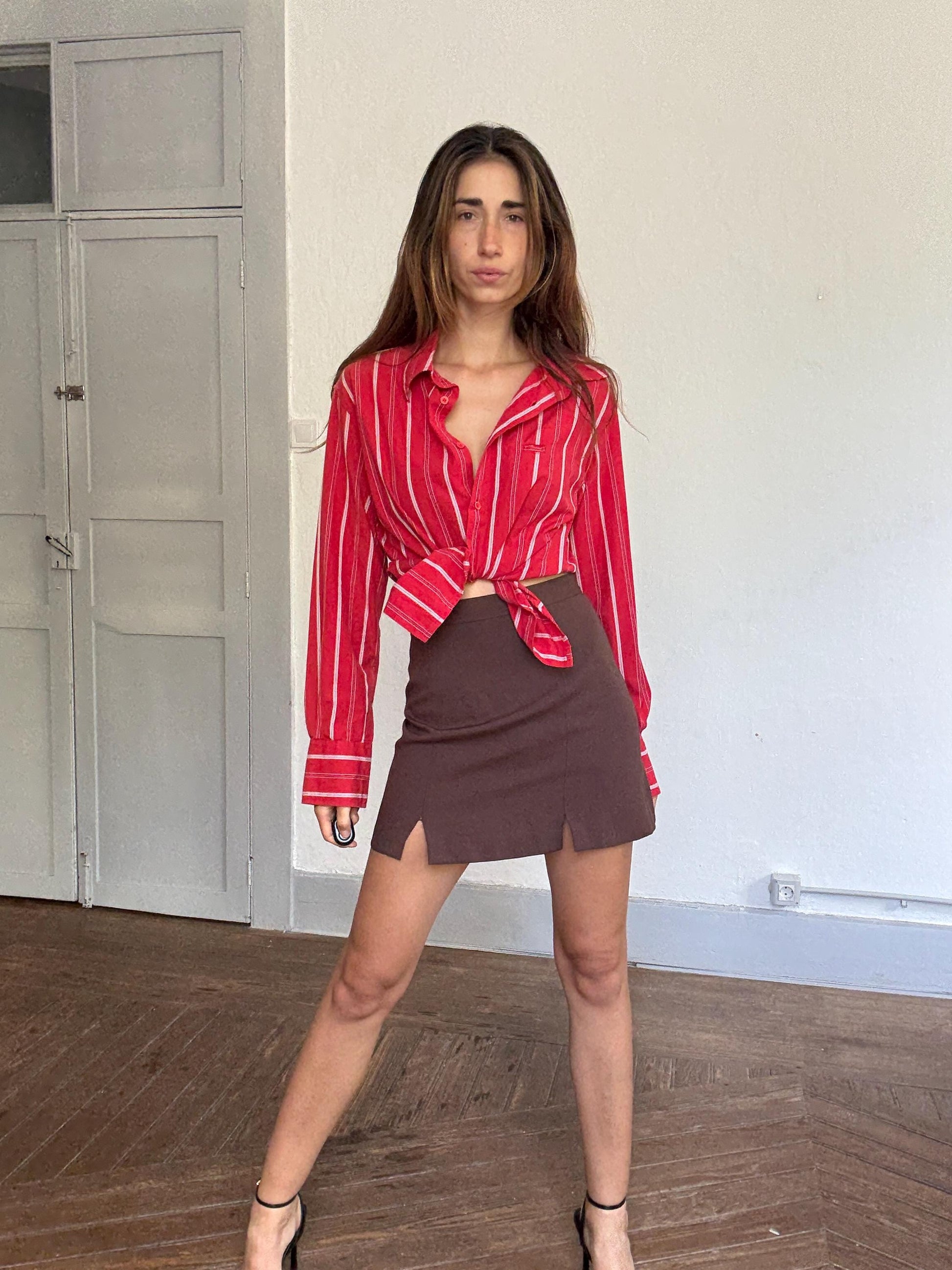 Vintage Desigual red & white striped cotton button up shirt – size L, unisex fit, bold print, Y2K style,