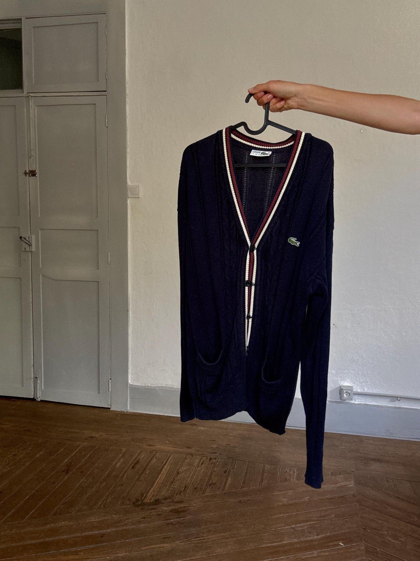 Vintage Lacoste navy cardigan size 5 – unisex oversized fit, preppy stripe trim, cotton blend, comfy