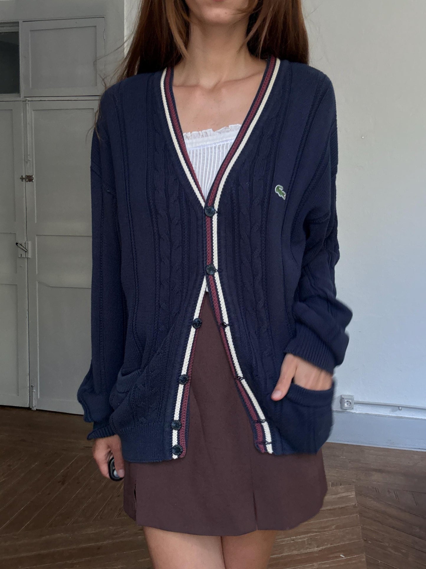 Vintage Lacoste navy cardigan size 5 – unisex oversized fit, preppy stripe trim, cotton blend, comfy
