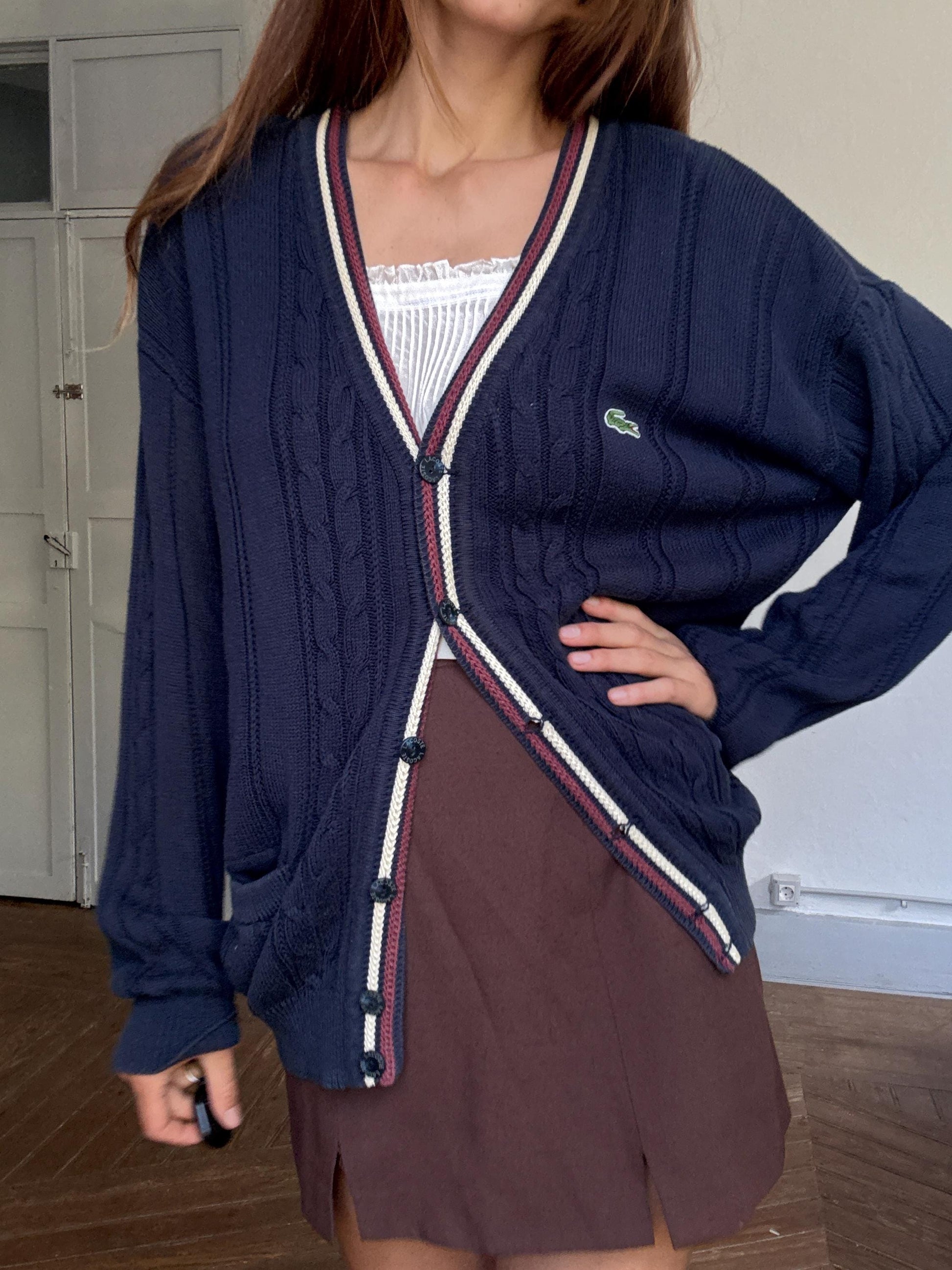 Vintage Lacoste navy blue cardigan, size 5 – preppy menswear, Luxury branded clothing