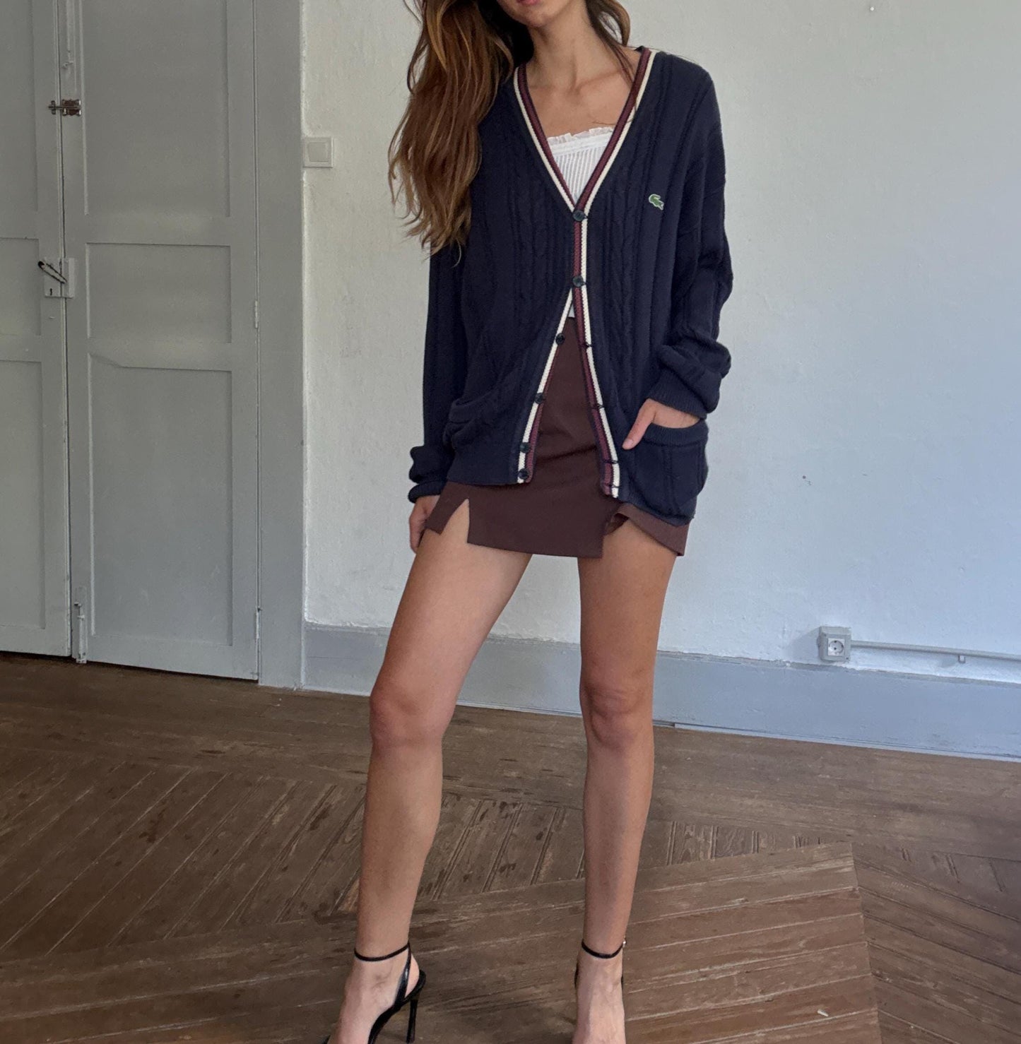 Vintage Lacoste navy cardigan size 5 – unisex oversized fit, preppy stripe trim, cotton blend, comfy