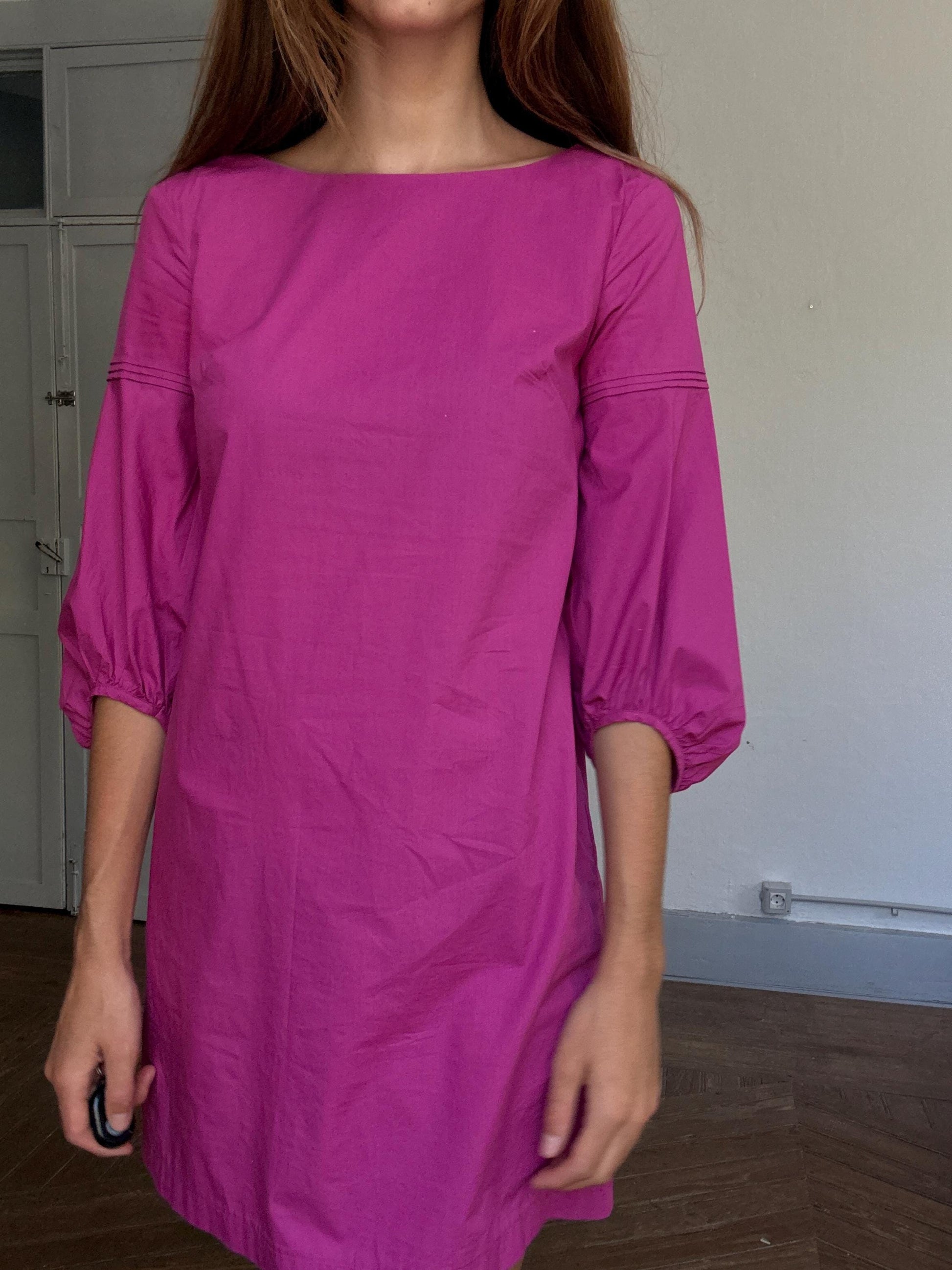 Adolfo Dominguez pink cotton mini dress, puff sleeve party dress, Spanish designer piece, Size S