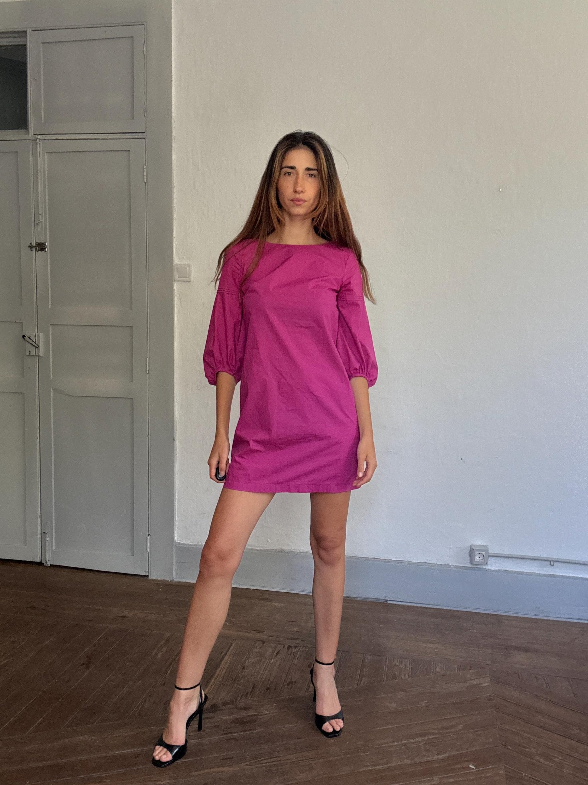 Adolfo Dominguez pink cotton mini dress, puff sleeve party dress, Spanish designer piece, Size S