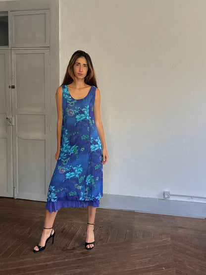 Vintage Blue Floral Midi Dress, Ruffle Hem — back view