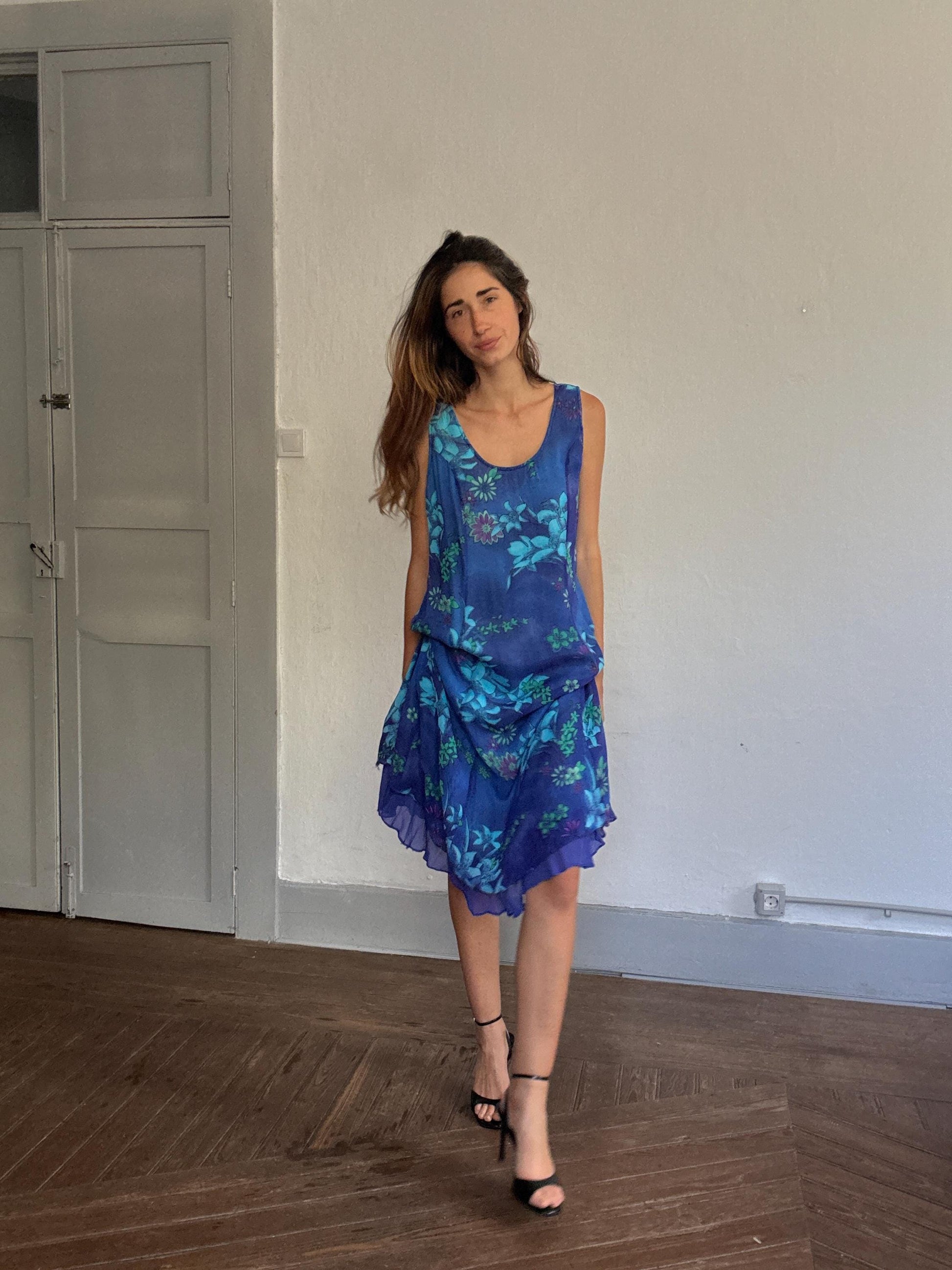 Vintage blue floral midi dress ruffle hem Y2K dreamy vacation style, Summer clothing, Plus size women wear