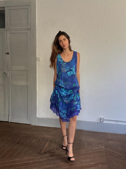 Vintage Blue Floral Midi Dress, Ruffle Hem — additional view 6