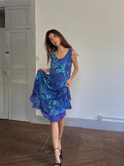 Vintage Blue Floral Midi Dress, Ruffle Hem — additional view 5